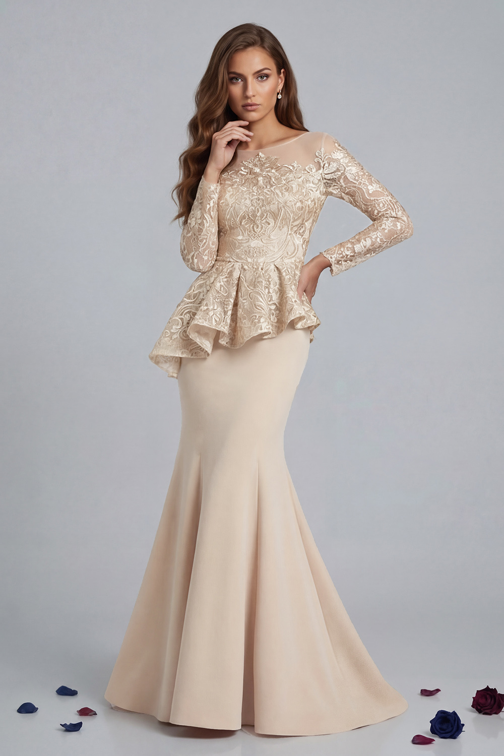 Champagne Mermaid Appliqued Floor-Length Mother of the Bride Dress with Sleeves