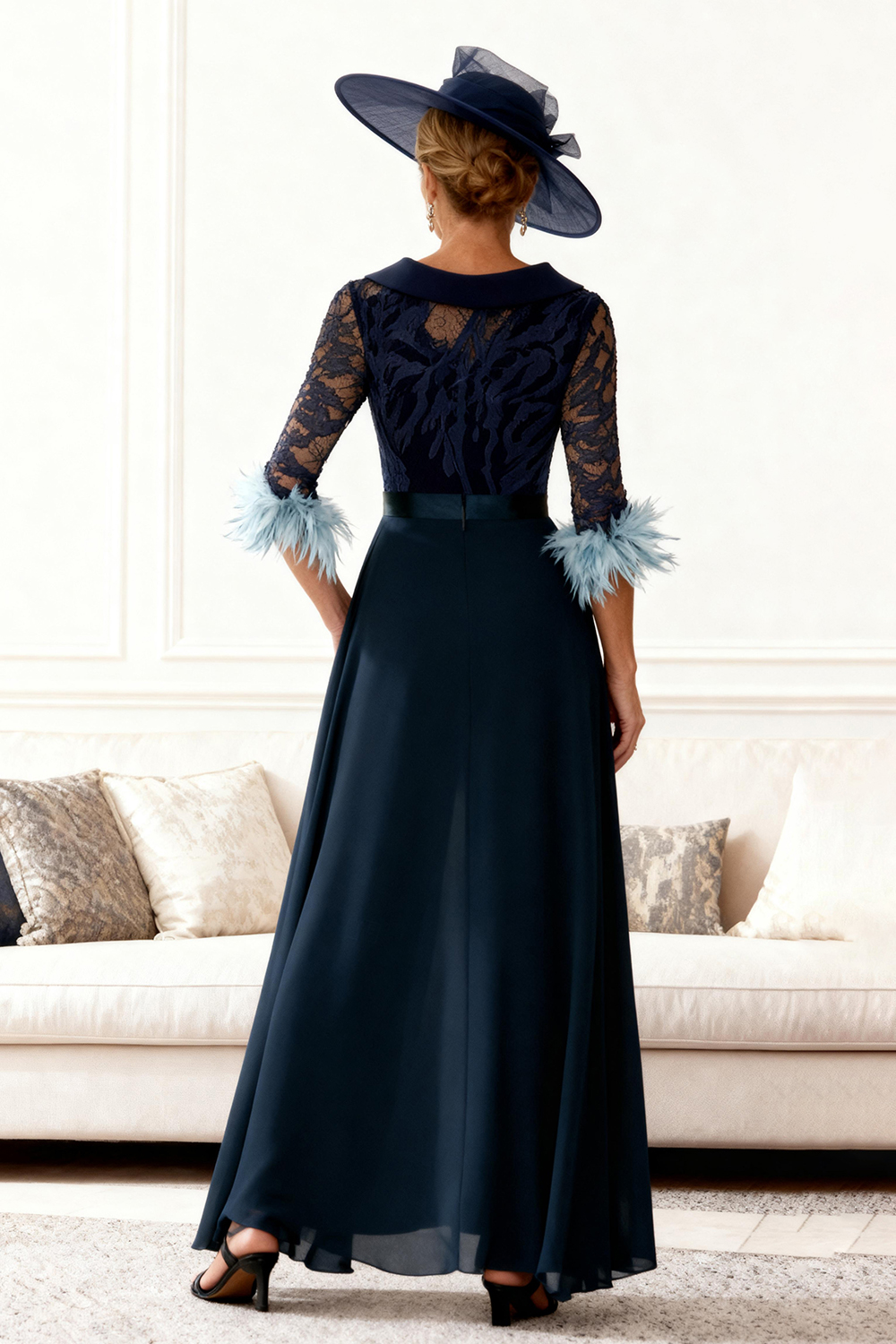 Dark Navy Lace Chiffon Mother of the Bride Jumpsuits with Cape
