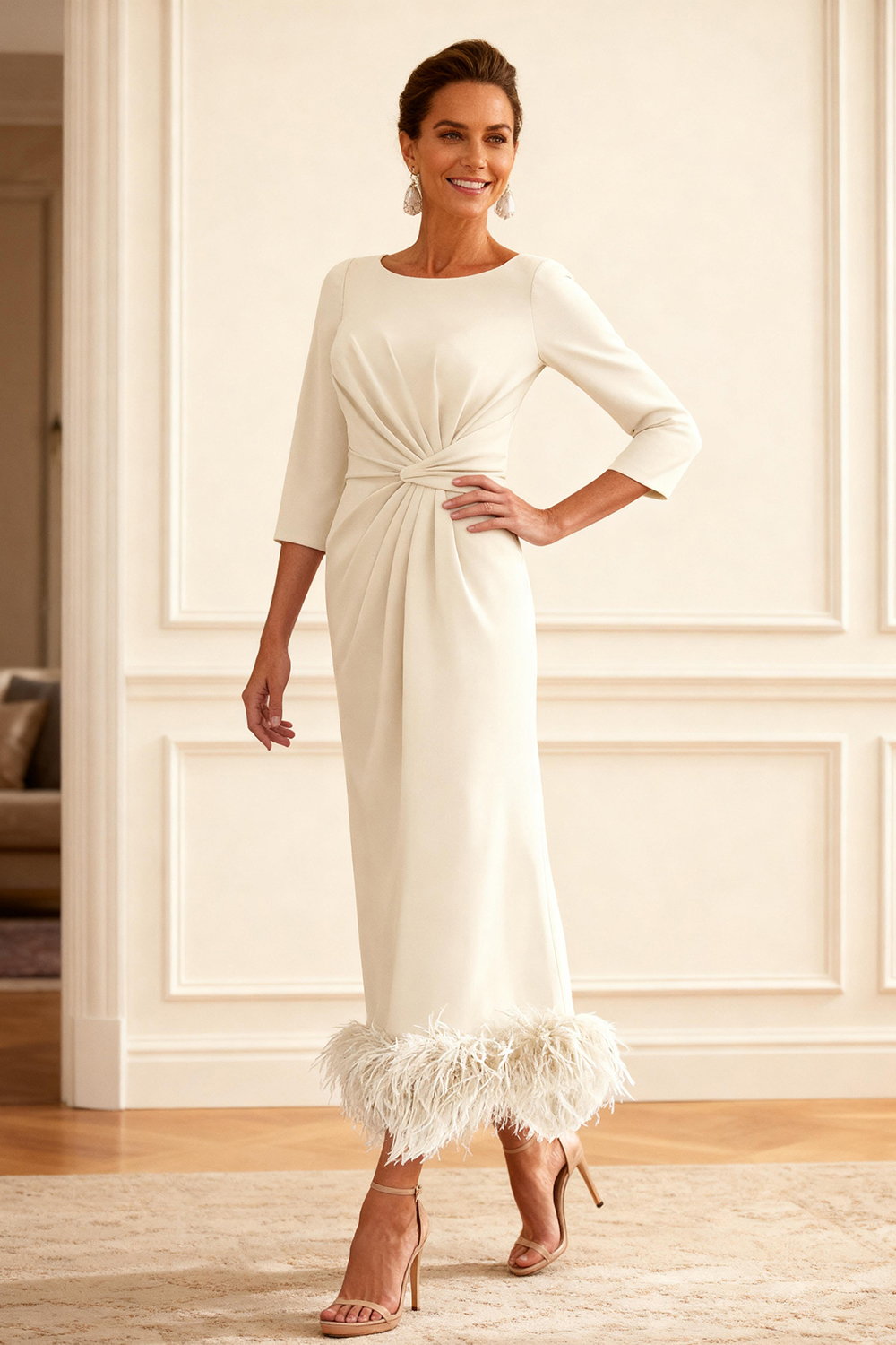 Ivory Ruched Sheath Ankle-Length Mother of the Bride Dress with Feathers
