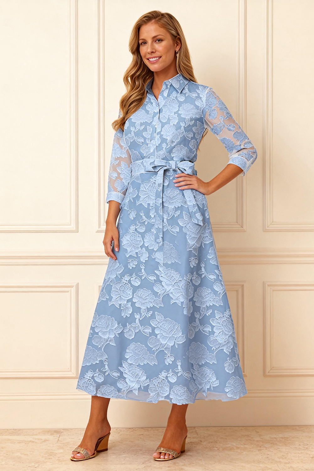 Sky Blue Lace Lapel Ankle-Length Mother of the Bride Dress with Bow