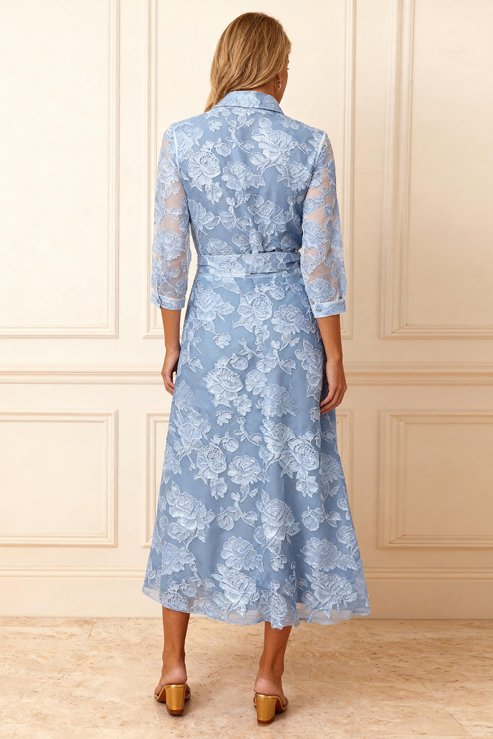 Sky Blue Lace Lapel Ankle-Length Mother of the Bride Dress with Bow