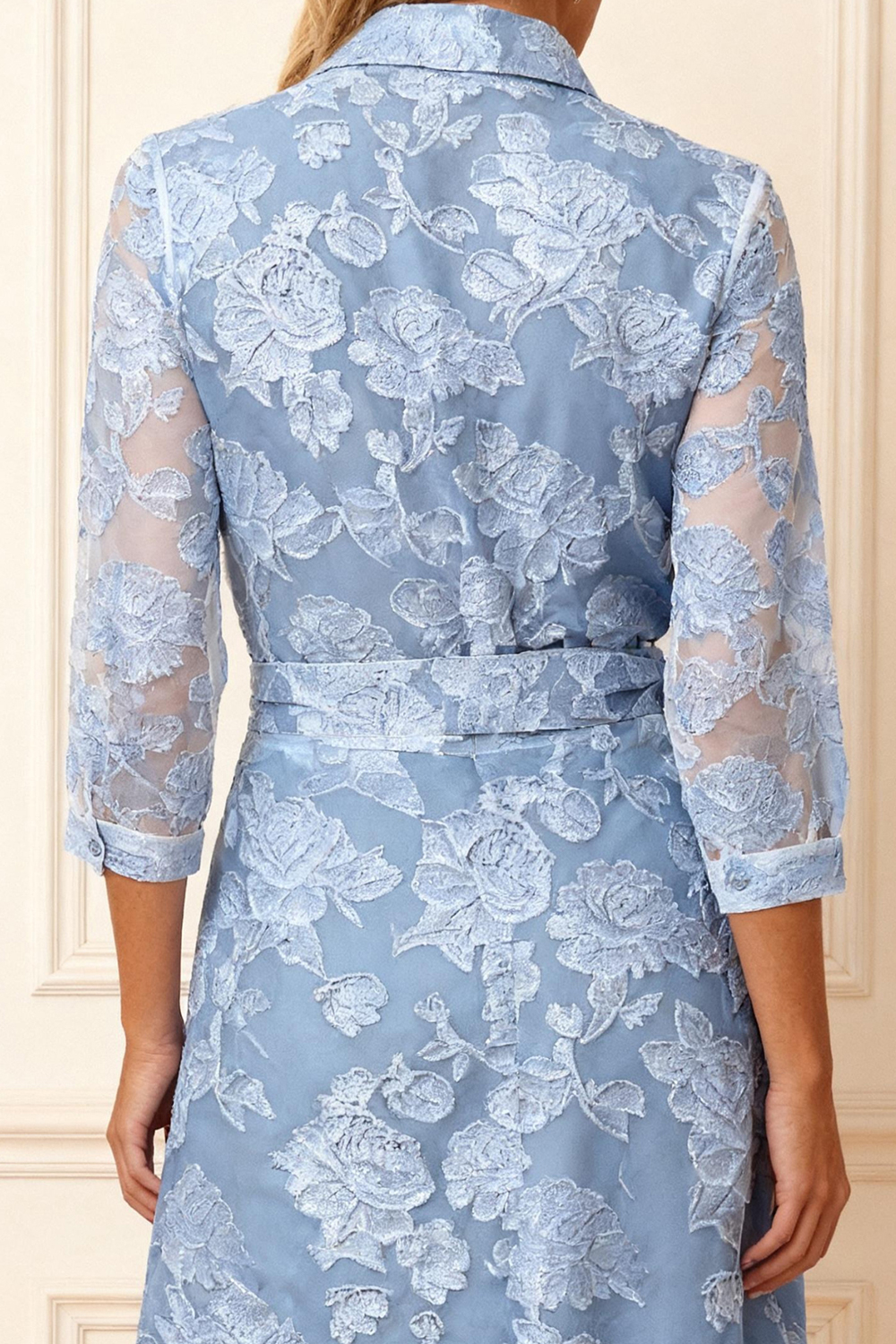 Sky Blue Lace Lapel Ankle-Length Mother of the Bride Dress with Bow