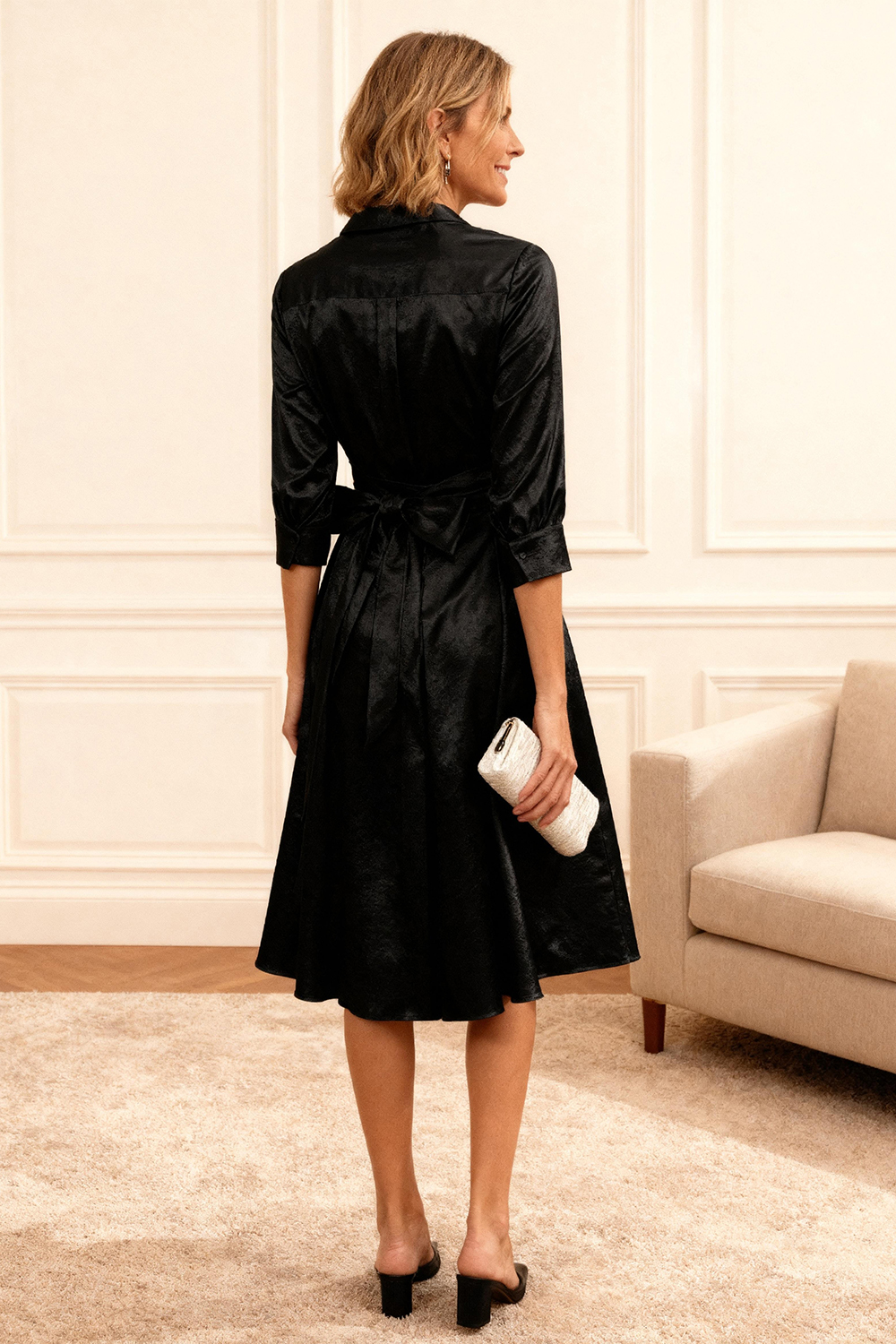 Black A Line Lapel Knee-Length Mother of the Bride Dress with Bow