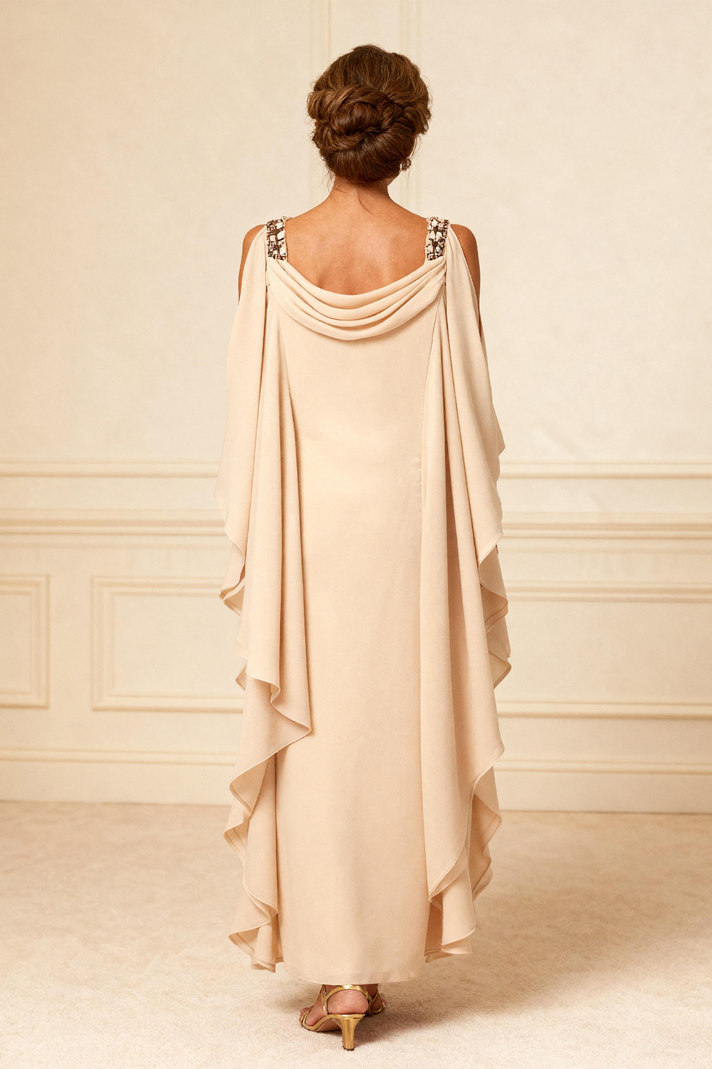 Champagne Chiffon Ruffled Cowl Neck Sheath Ankle-Length Mother of the Bride Dress