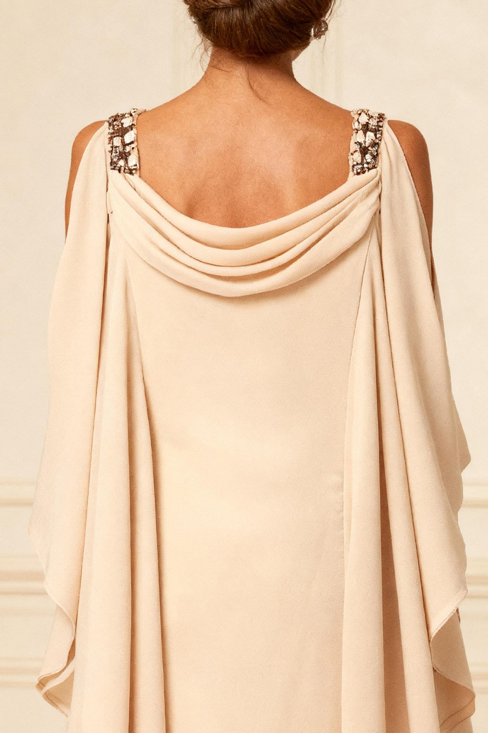 Champagne Chiffon Ruffled Cowl Neck Sheath Ankle-Length Mother of the Bride Dress