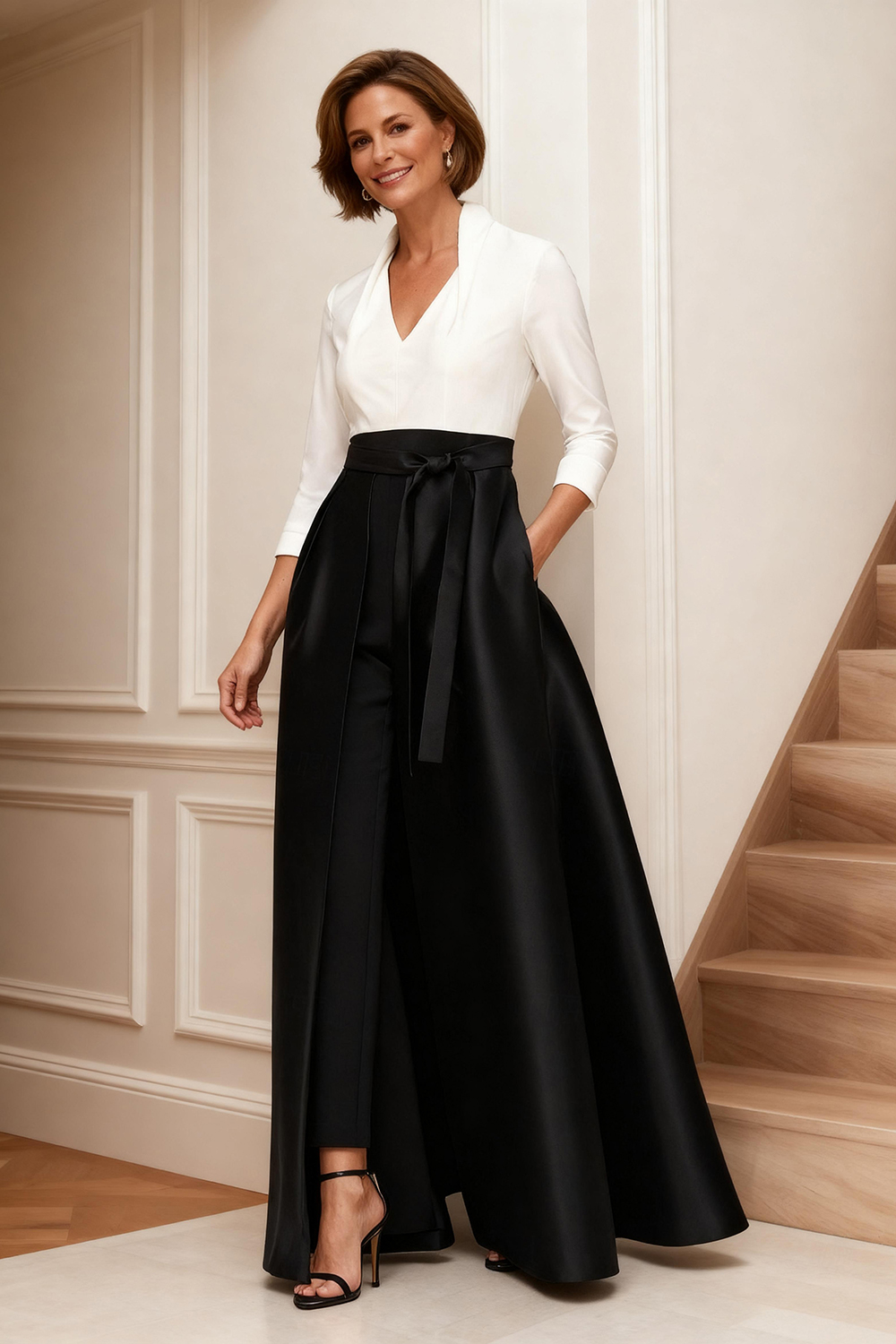White A Line Lapel Floor-Length Mother of the Bride Dress with Slit