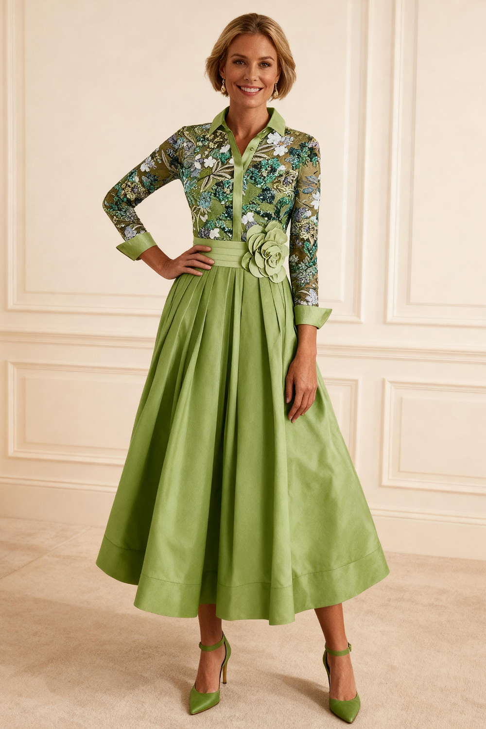 Dusty Sage Floral A Line Lapel Tea-Length Mother of the Bride Dress with Lace