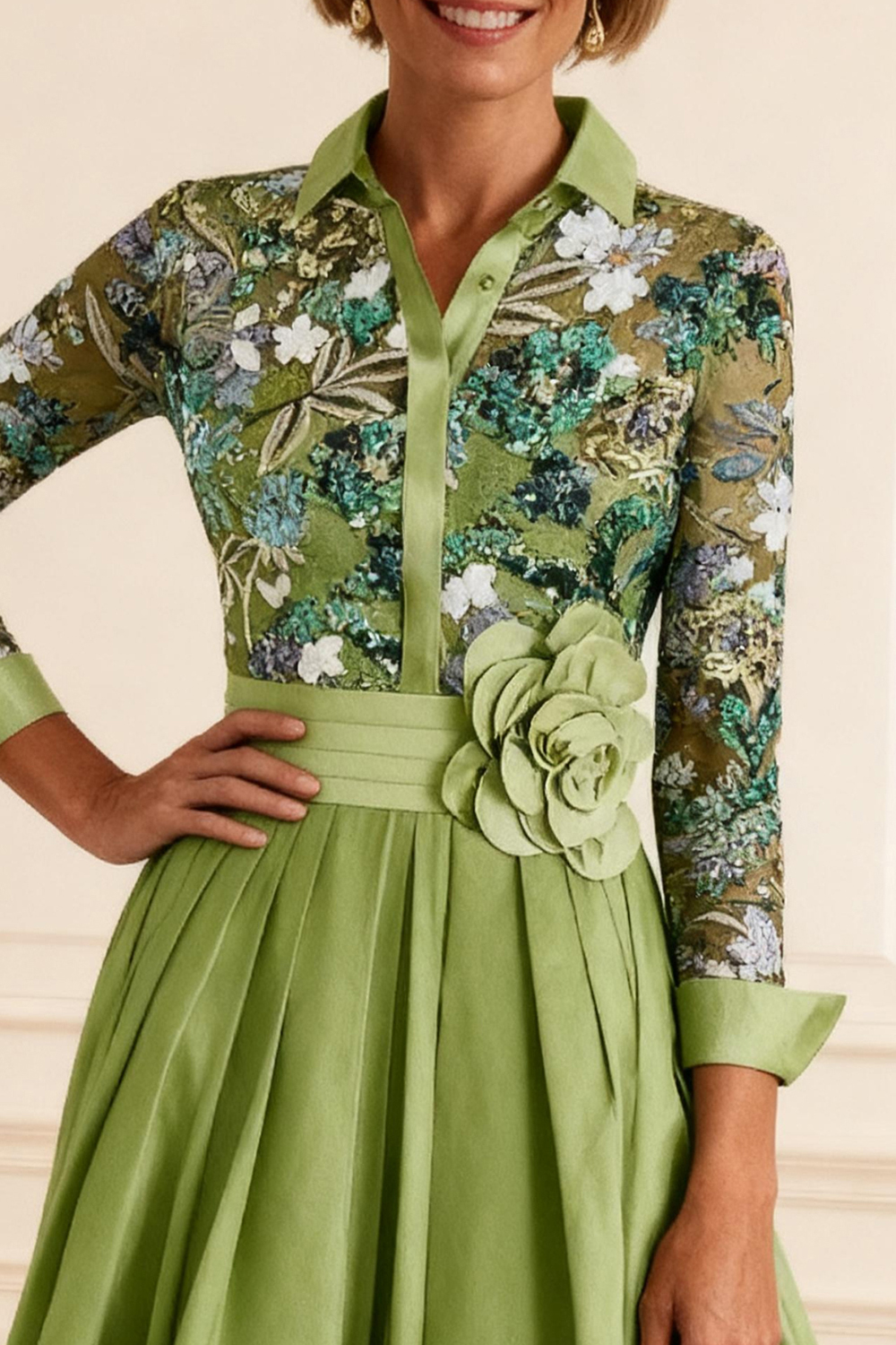 Dusty Sage Floral A Line Lapel Tea-Length Mother of the Bride Dress with Lace