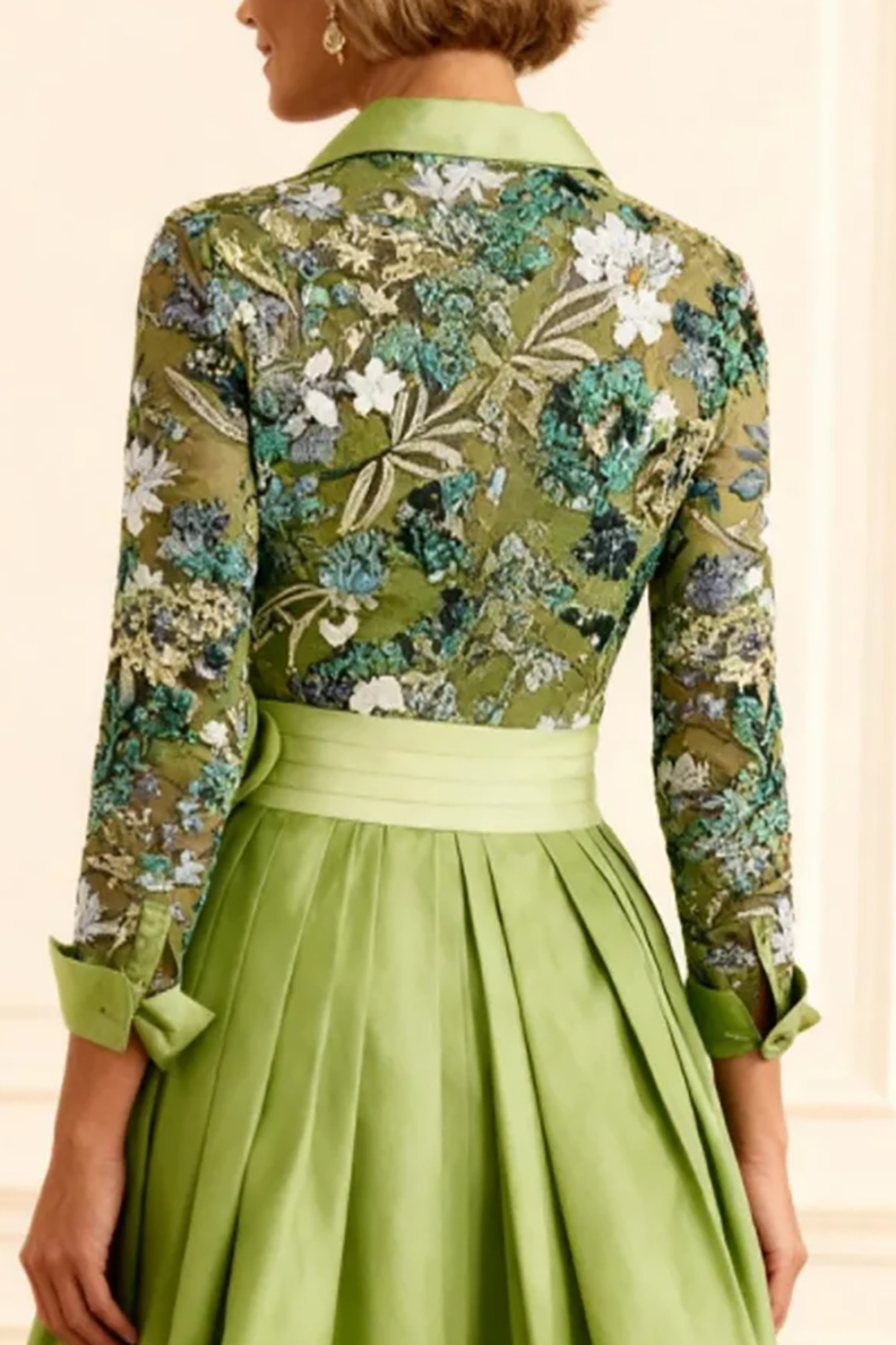 Dusty Sage Floral A Line Lapel Tea-Length Mother of the Bride Dress with Lace