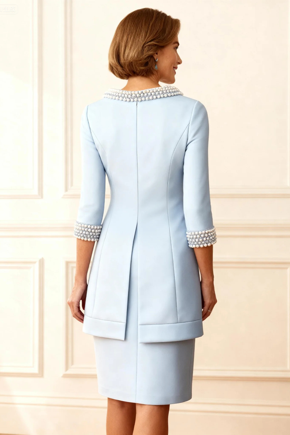 Sparkly Sky Blue Beaded Sheath 2 Piece Knee-Length Mother of the Bride Dress with Jacket