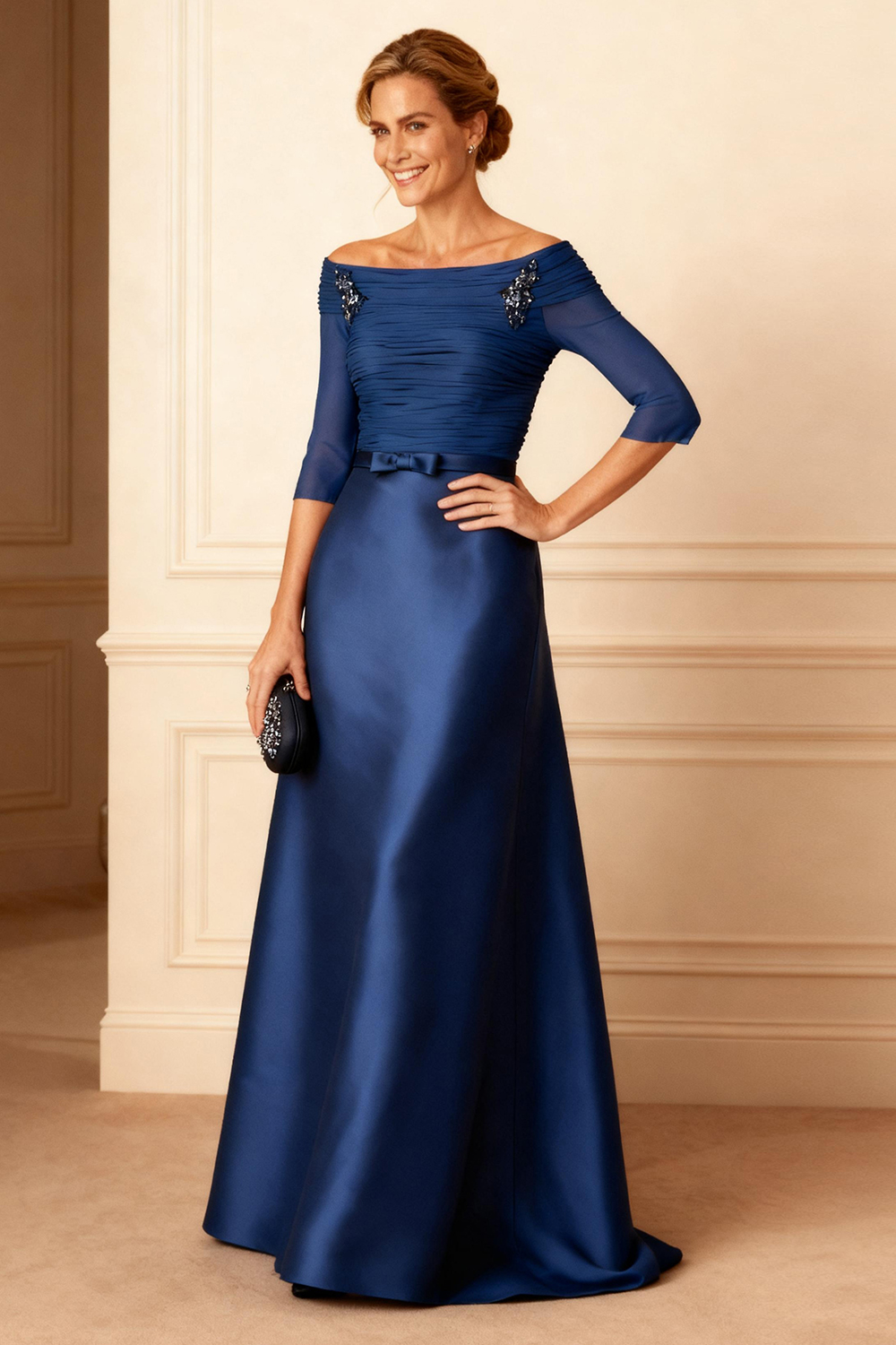 Sparkly Dark Navy Pleated Beaded A Line Floor-Length Mother of the Bride Dress with Bow