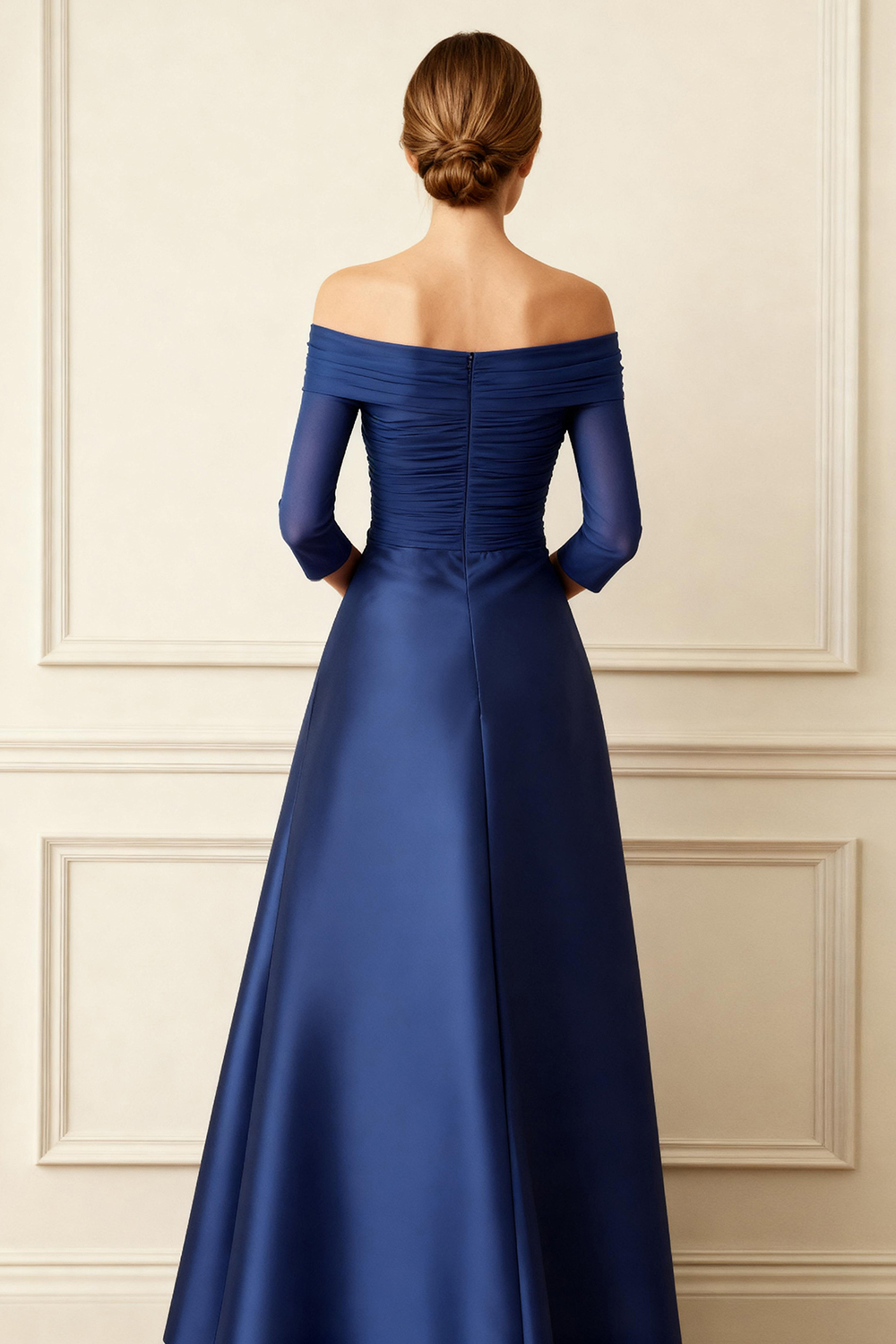Sparkly Dark Navy Pleated Beaded A Line Floor-Length Mother of the Bride Dress with Bow
