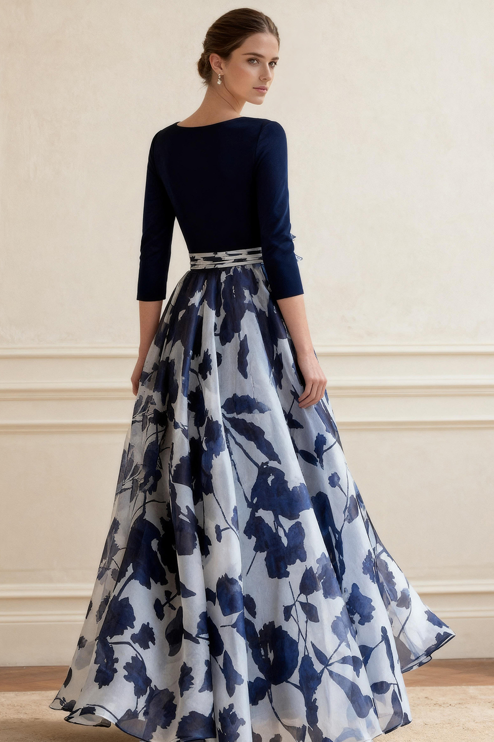Dark Navy Floral A Line Floor-length Mother of the Bride Dress with Bow