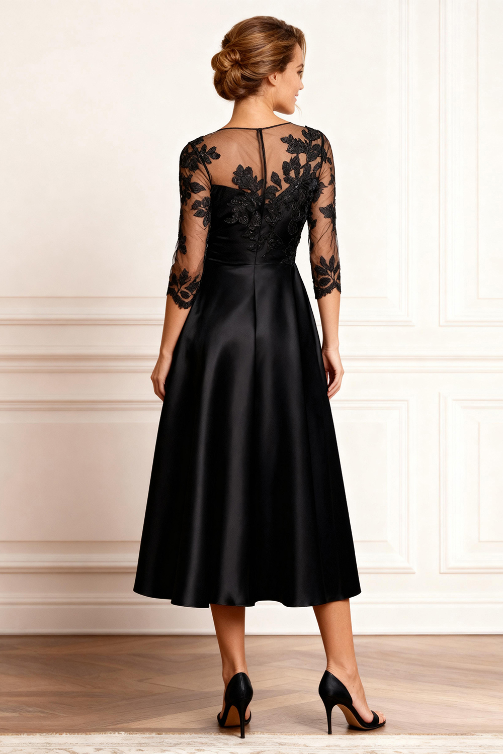 Black A Line Ruffled Tea-Length Mother of the Bride Dress with Lace