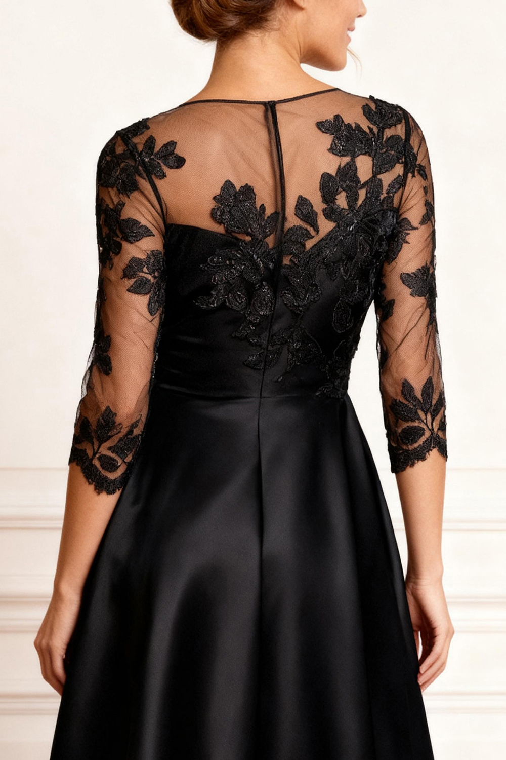 Black A Line Ruffled Tea-Length Mother of the Bride Dress with Lace
