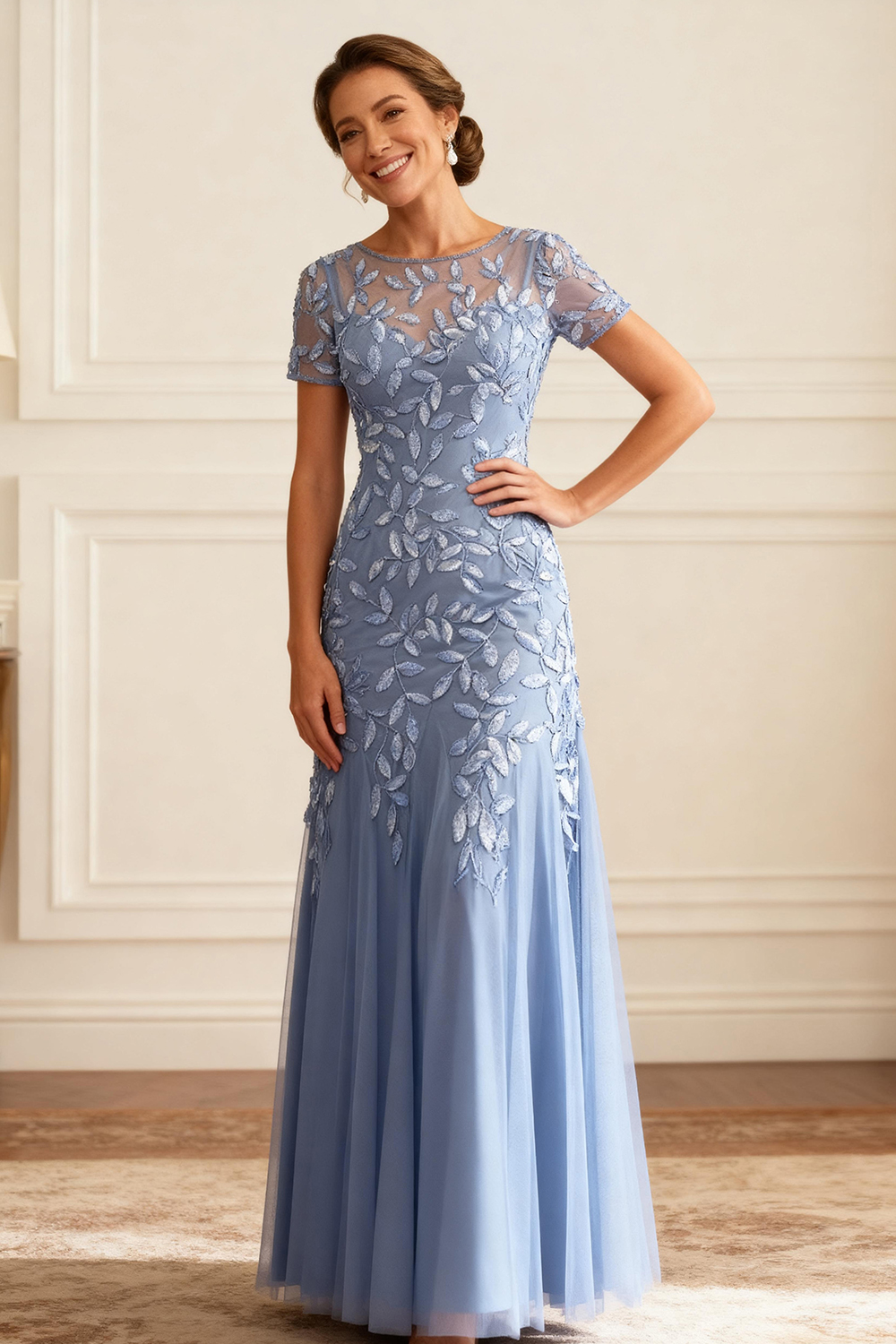 Dusty Blue Lace A Line Tulle Floor-Length Mother of the Bride Dress