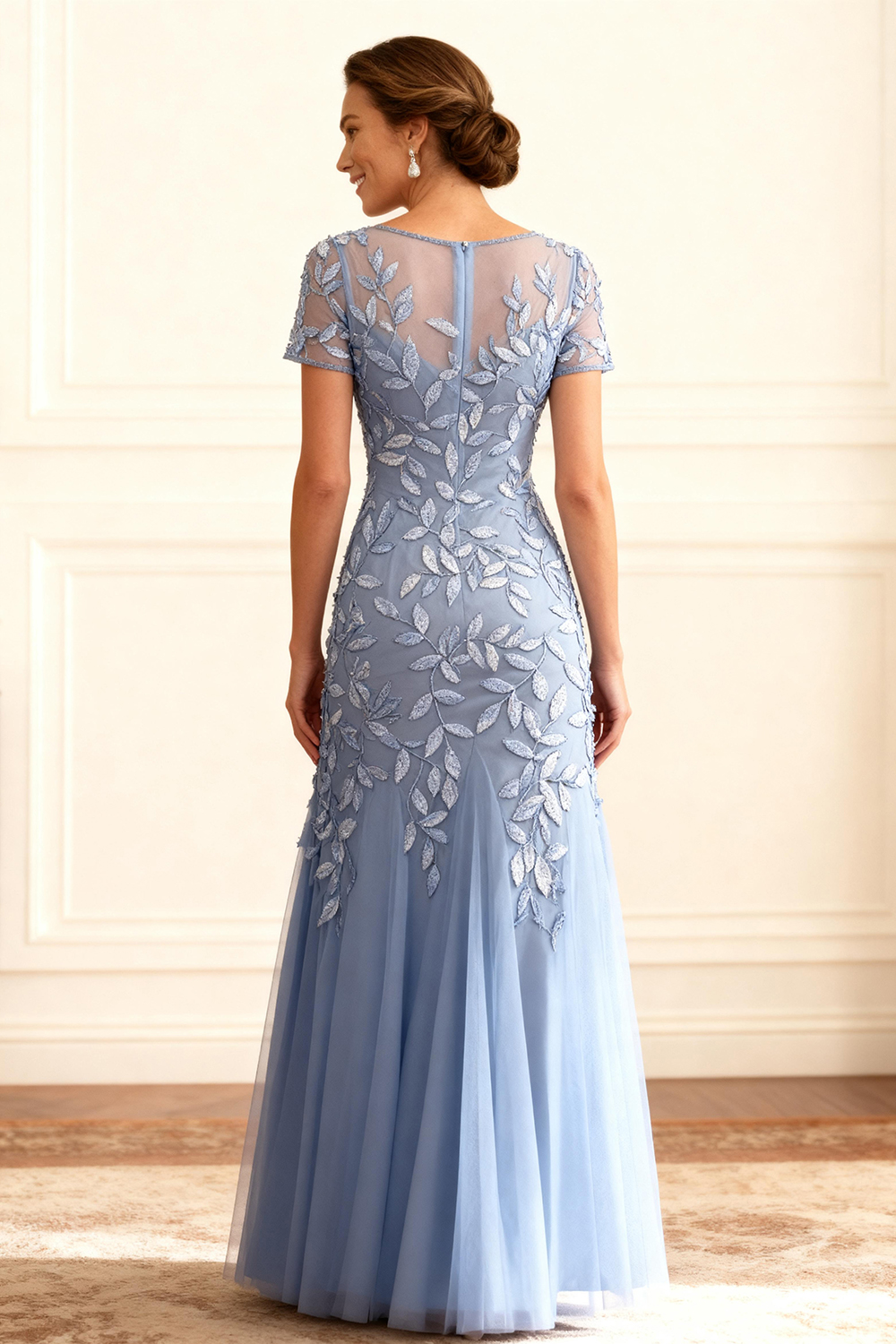 Dusty Blue Lace A Line Tulle Floor-Length Mother of the Bride Dress