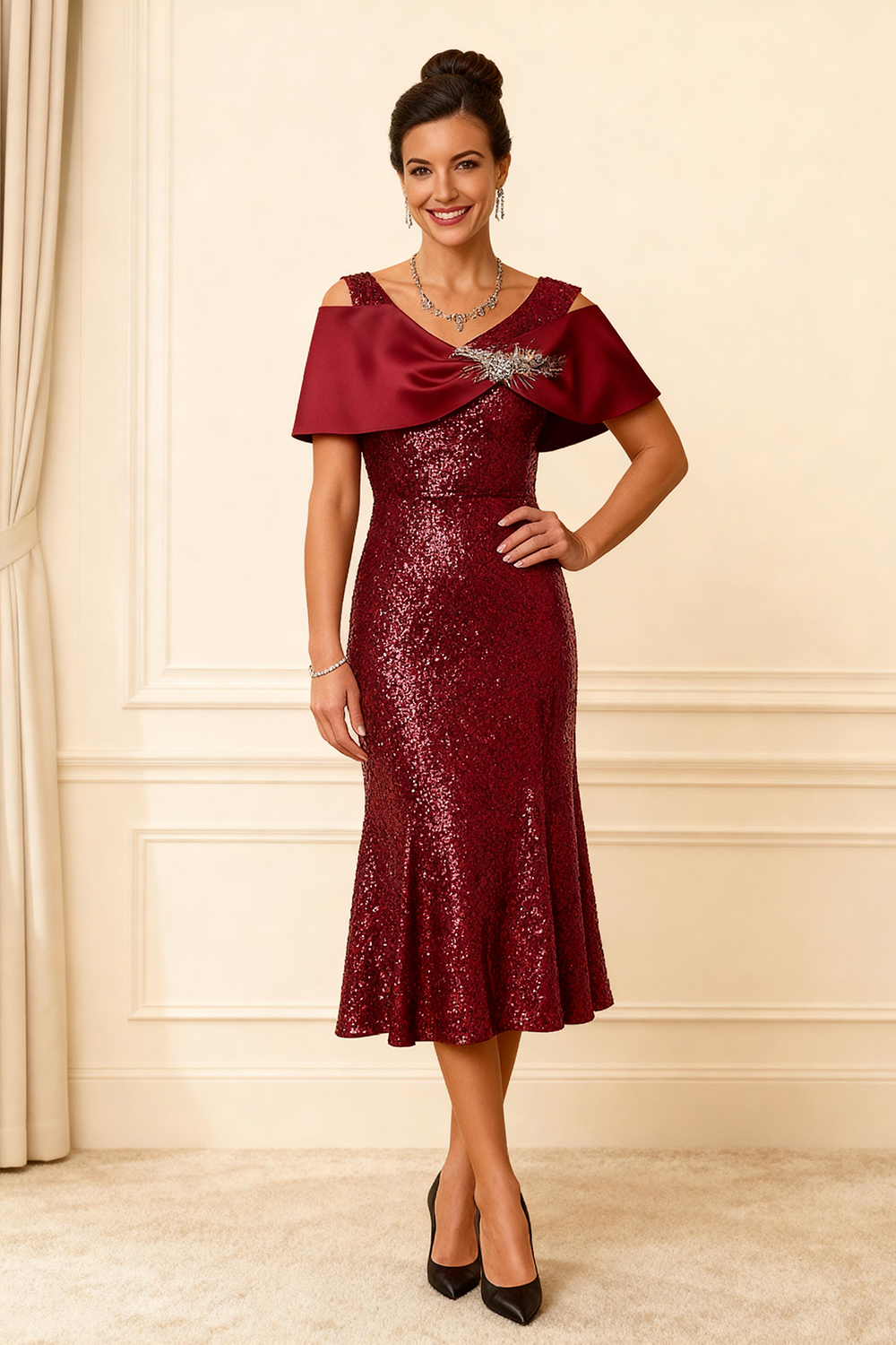 Sparkly Red Sequins Mermaid Tea-Length Mother of the Bride Dress with Feathers