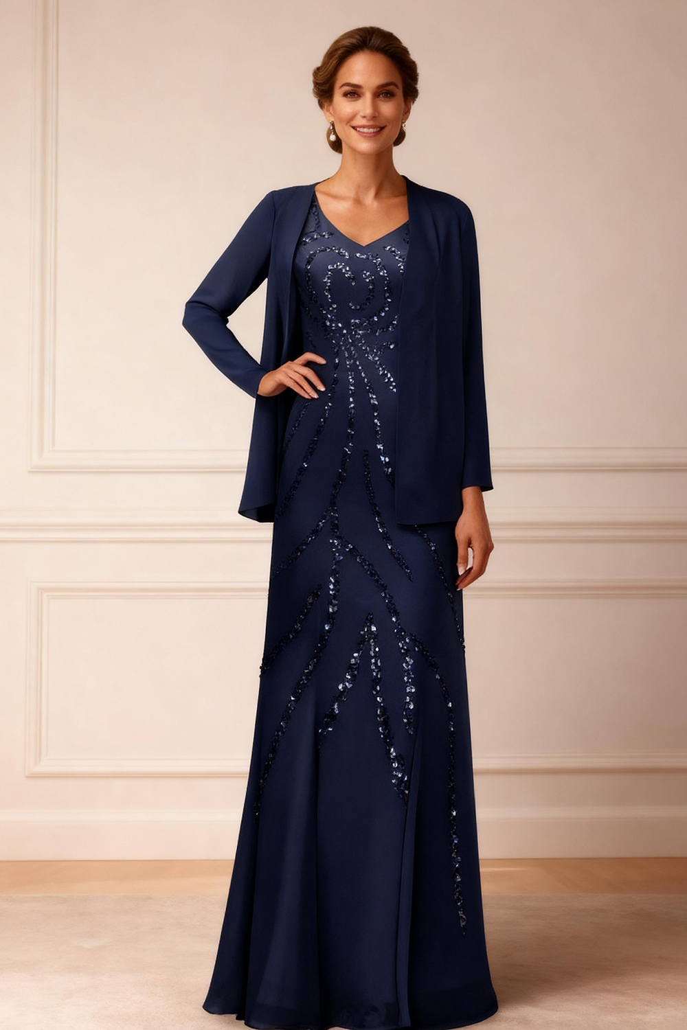 Sparkly Dark Navy Sequins Mermaid 2 Piece Floor-Length Mother of the Bride Dress with Jacket