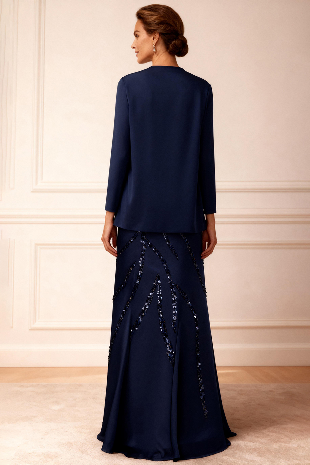 Sparkly Dark Navy Sequins Mermaid 2 Piece Floor-Length Mother of the Bride Dress with Jacket