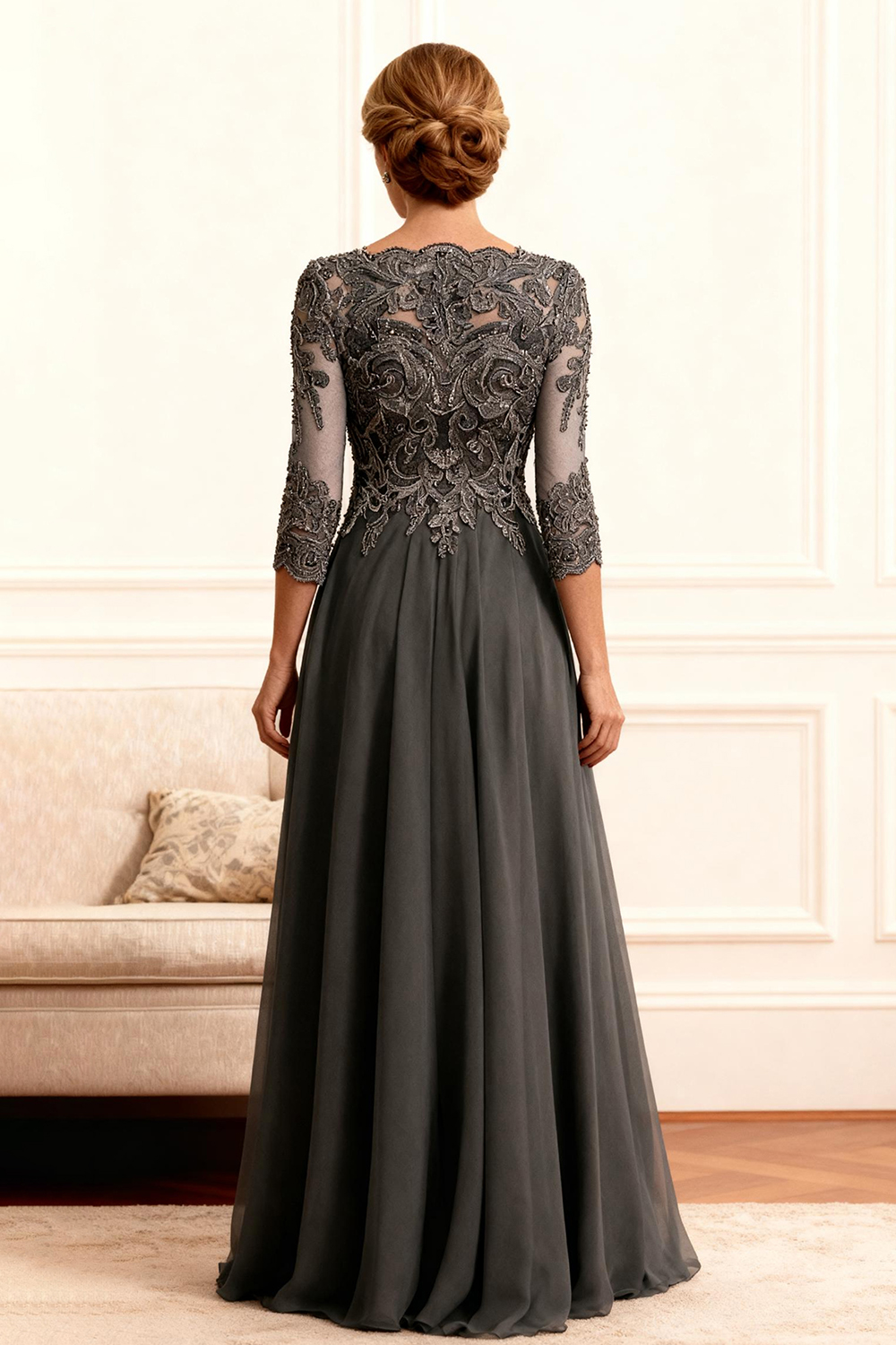 Dark Grey A Line Boat Neck Floor-Length Mother of the Bride Dress with Lace