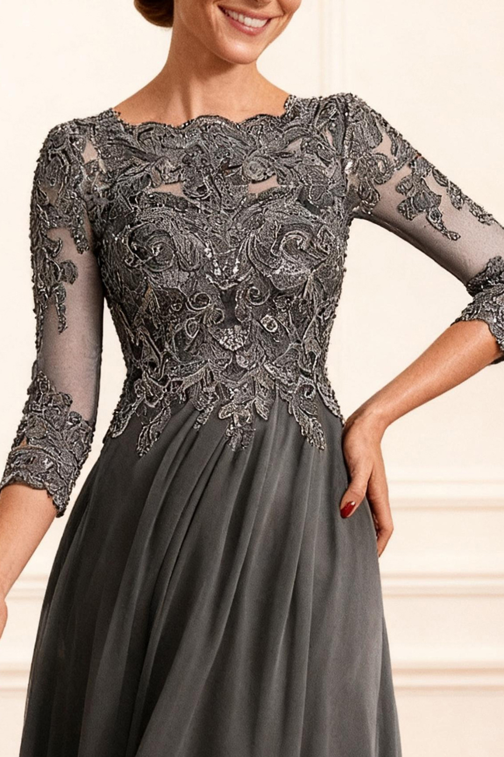 Dark Grey A Line Boat Neck Floor-Length Mother of the Bride Dress with Lace