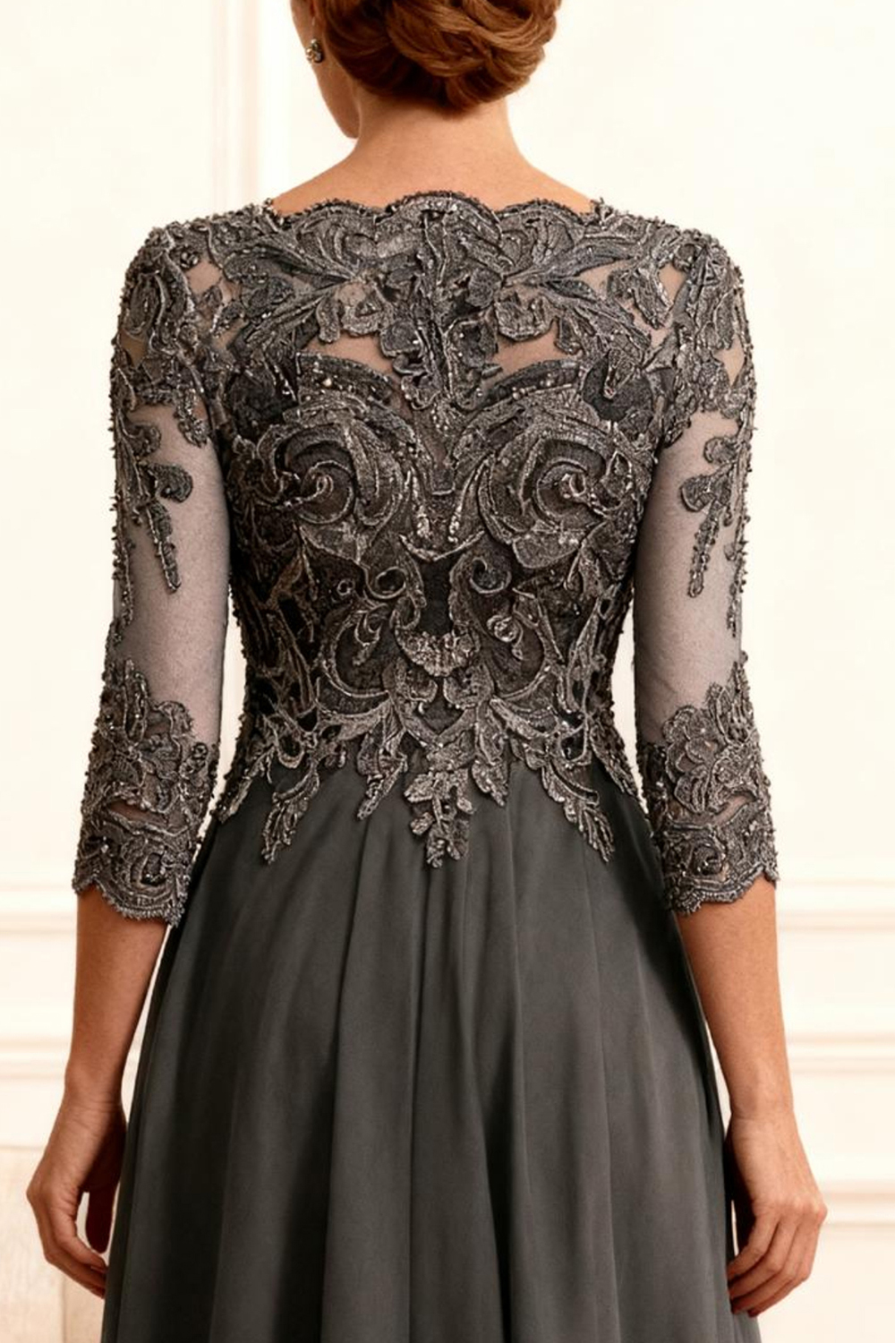 Dark Grey A Line Boat Neck Floor-Length Mother of the Bride Dress with Lace