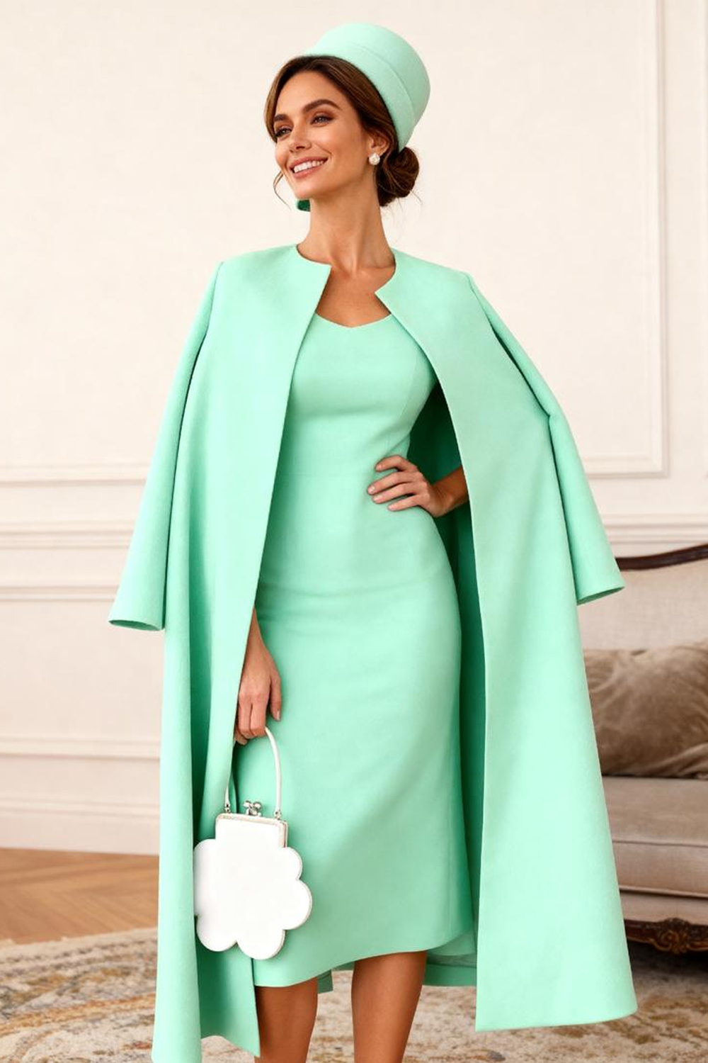 Mint Bodycon Satin 2 Piece Knee-Length Mother of the Bride Dress with Jacket