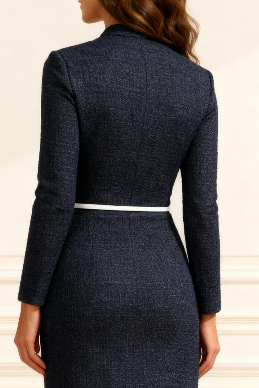 Dark Navy Bodycon V-Neck Knee-Length Mother of the Bride Dress with Belt