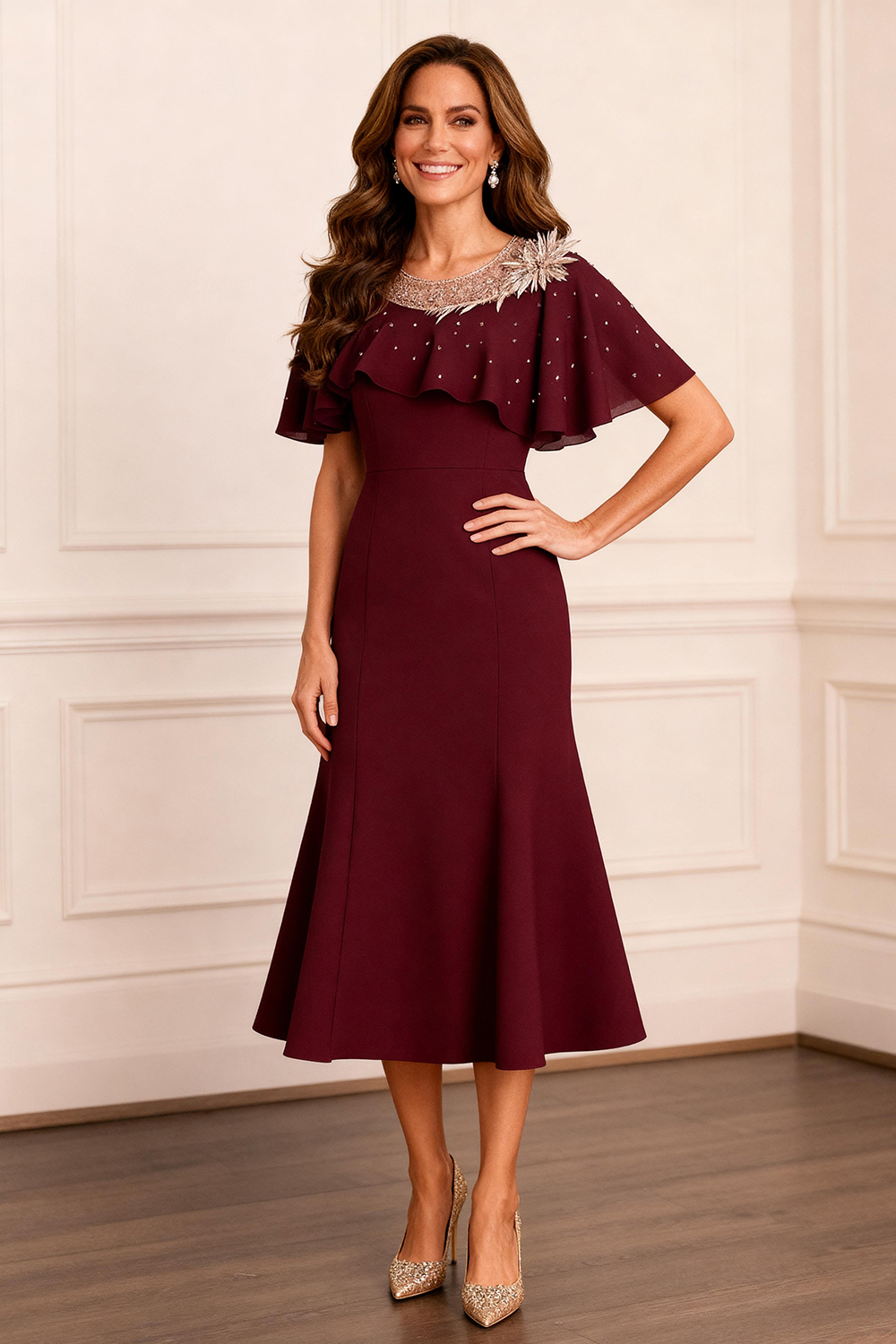 Sparkly Terracotta Beaded Mermaid Tea-Length Mother of the Bride Dress with Feathers