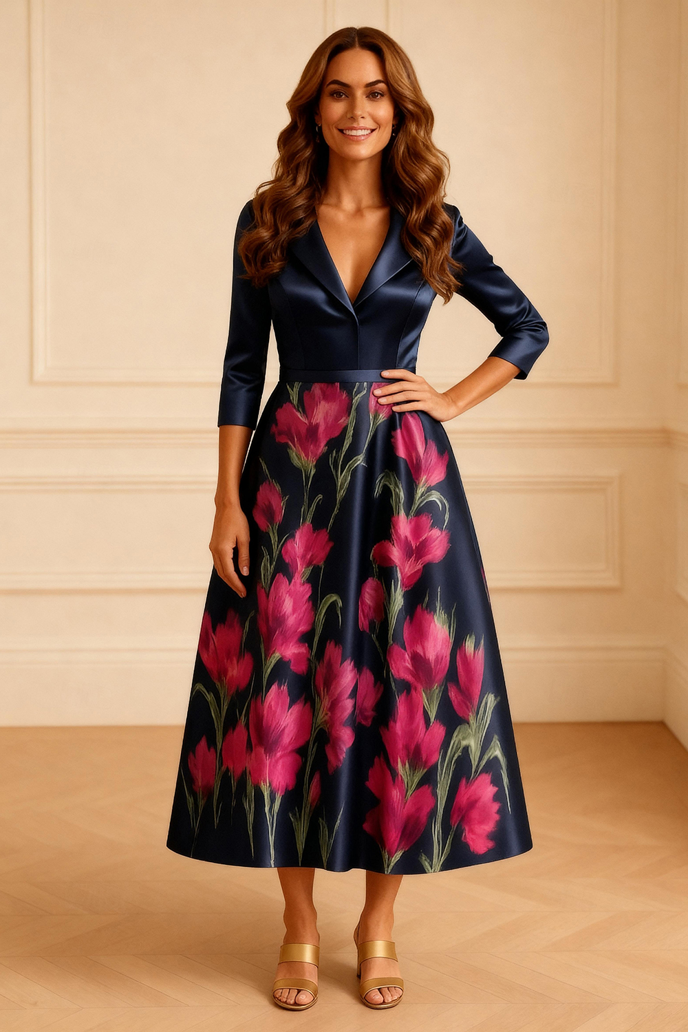 Dark Navy Floral Satin A Line Tea-Length Mother of the Bride Dress