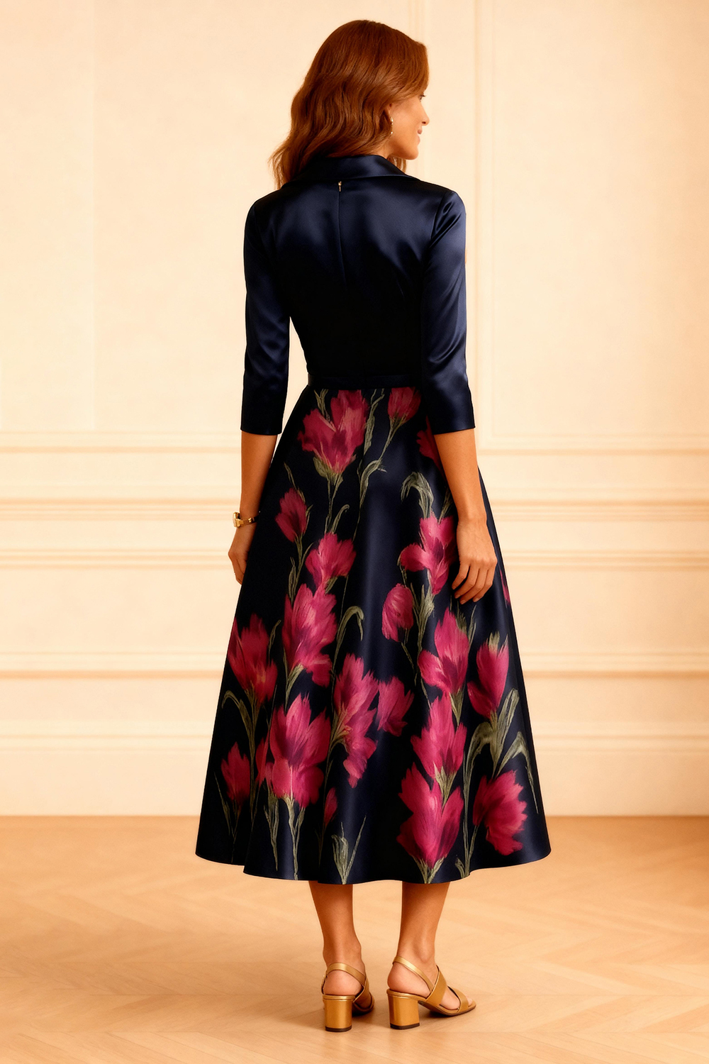 Dark Navy Floral Satin A Line Tea-Length Mother of the Bride Dress