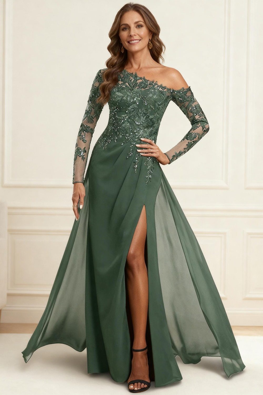 Eucalyptus One Shoulder Sheath Floor-Length Mother of the Bride Dress with Cape