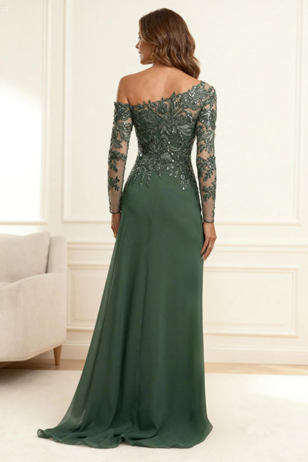 Eucalyptus One Shoulder Sheath Floor-Length Mother of the Bride Dress with Cape