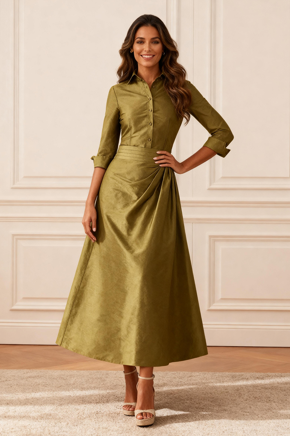 Olive A Line Satin Lapel Ankle-Length Mother of the Bride Dress with Buttons