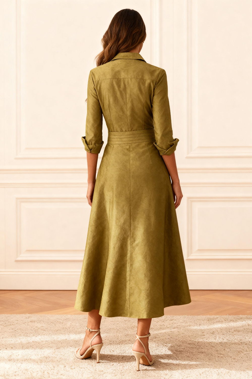 Olive A Line Satin Lapel Ankle-Length Mother of the Bride Dress with Buttons