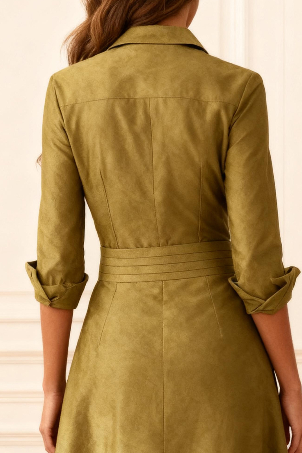 Olive A Line Satin Lapel Ankle-Length Mother of the Bride Dress with Buttons