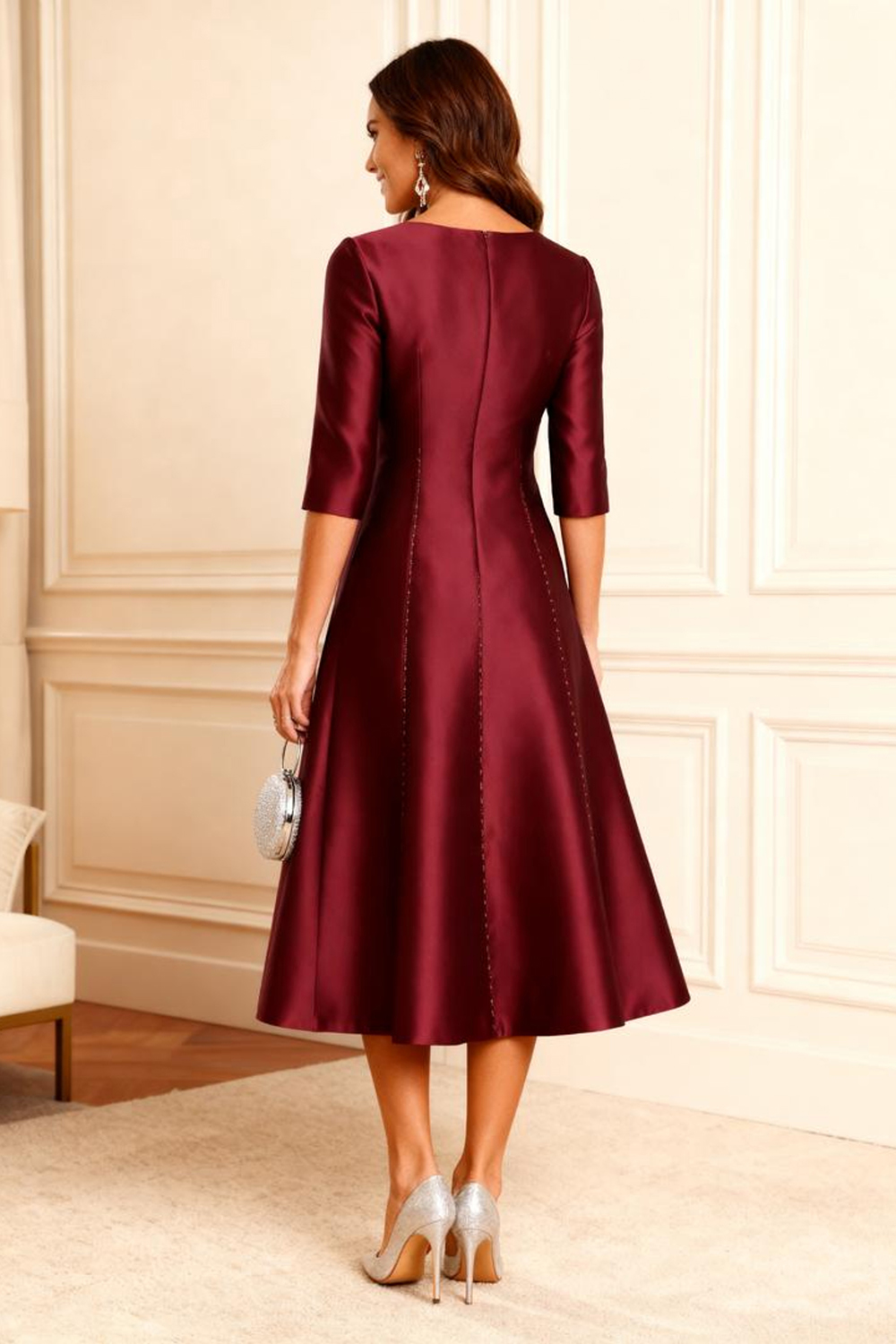 Sparkly Burgundy A Line Satin Tea-Length Mother of the Bride Dress with Beading
