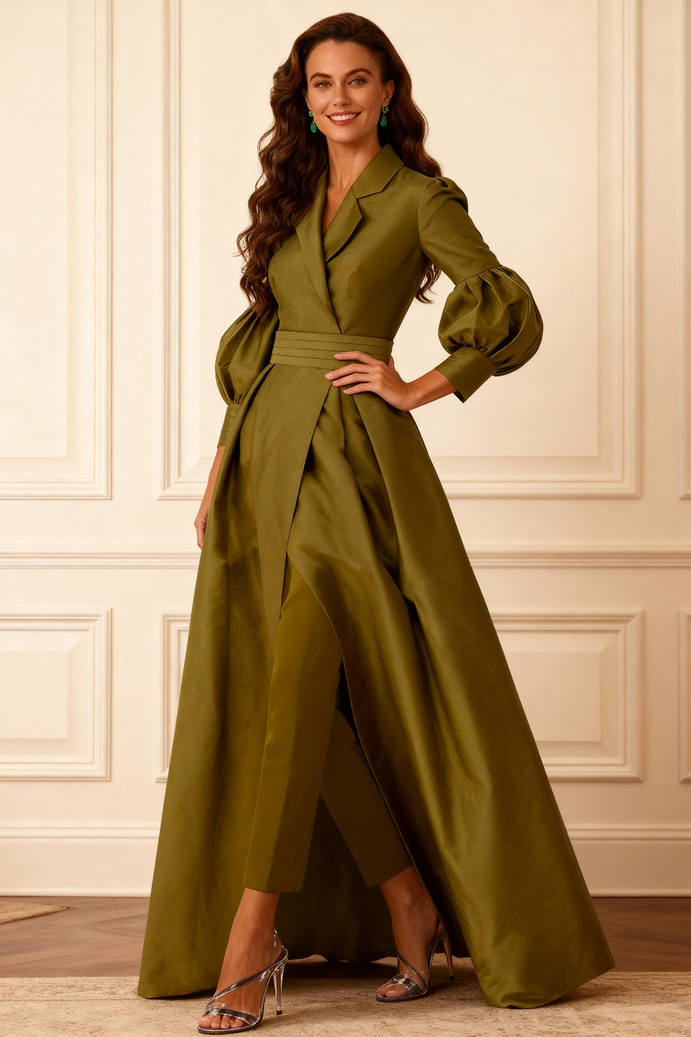 Homrain Women Olive Notched Lapel 2 Piece Mother of the Bride Pant Suits with Jacket Puff Sleeves Satin Mother of the Groom Pant Suits