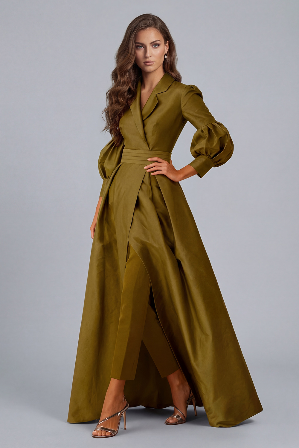 Olive Notched Lapel Puff Sleeves 2 Piece Mother of the Bride Pant Suits with Jacket