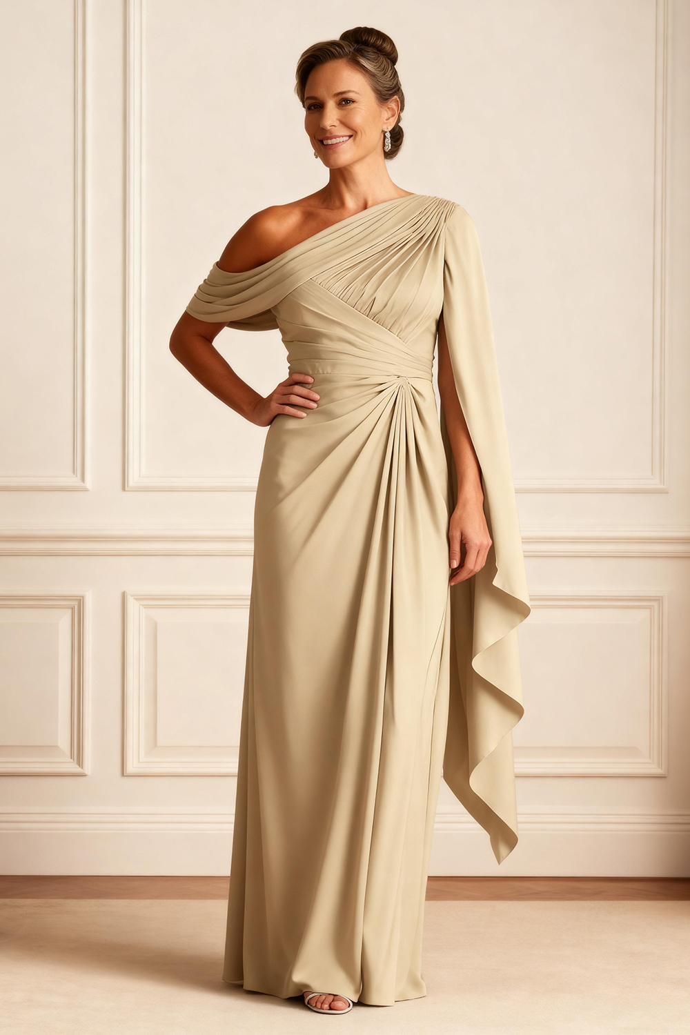 Champagne Ruffled One Shoulder Floor-Length Mother of the Bride Dress with Side Cape