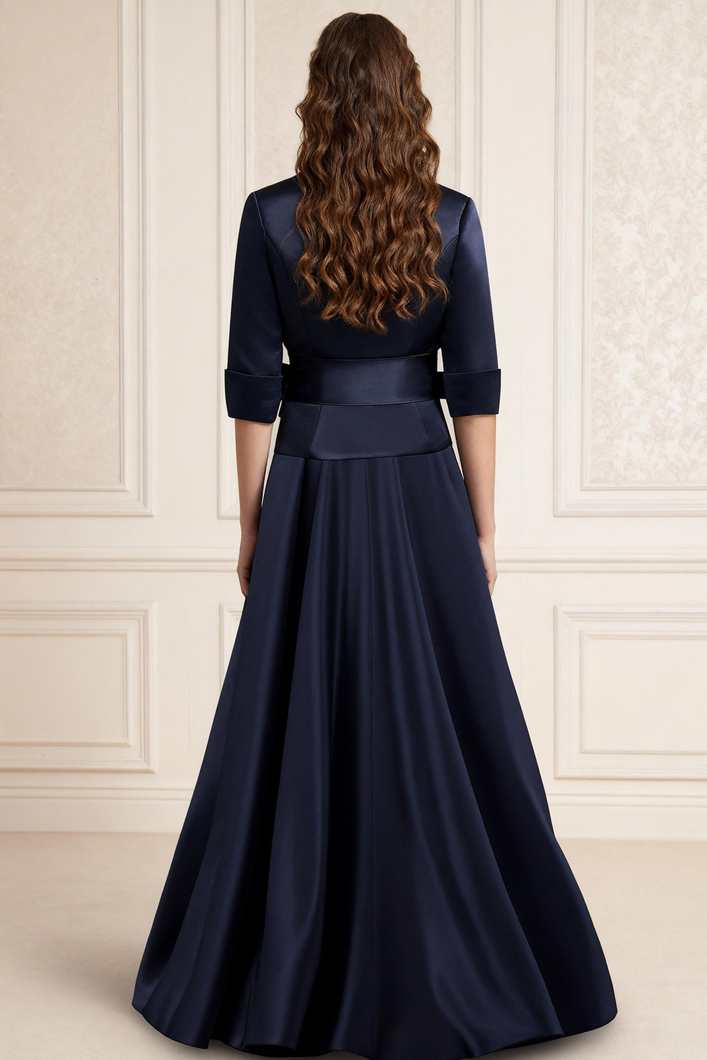 Dark Navy Satin V-Neck Floor-Length Mother of the Bride Jumpsuits with Cape