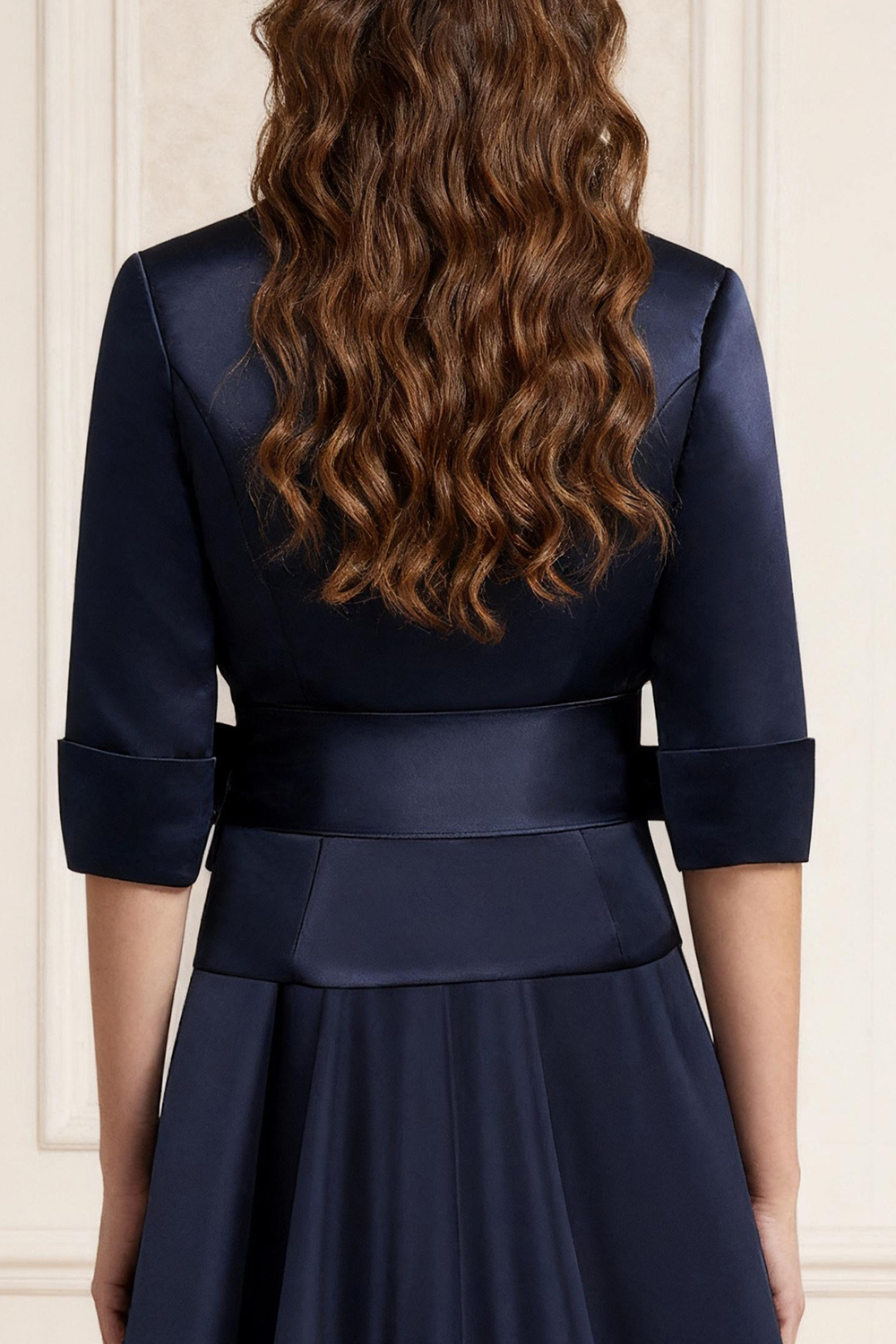 Dark Navy Satin V-Neck Floor-Length Mother of the Bride Jumpsuits with Cape