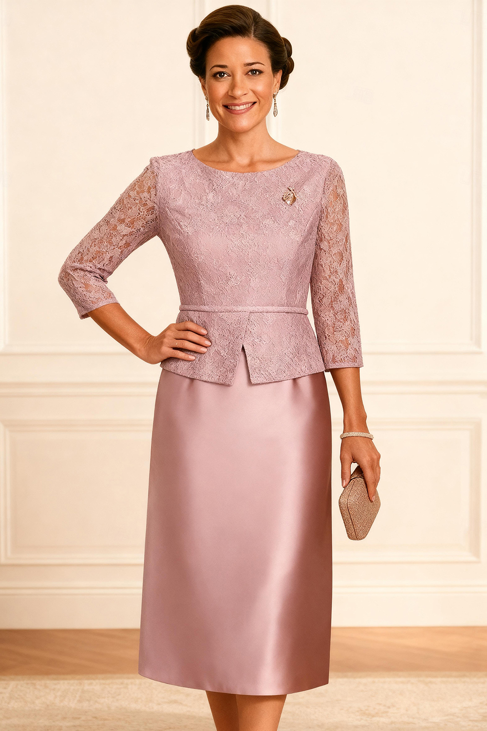 Dusty Rose Bodycon Satin Knee-Length Mother of the Bride Dress with Lace