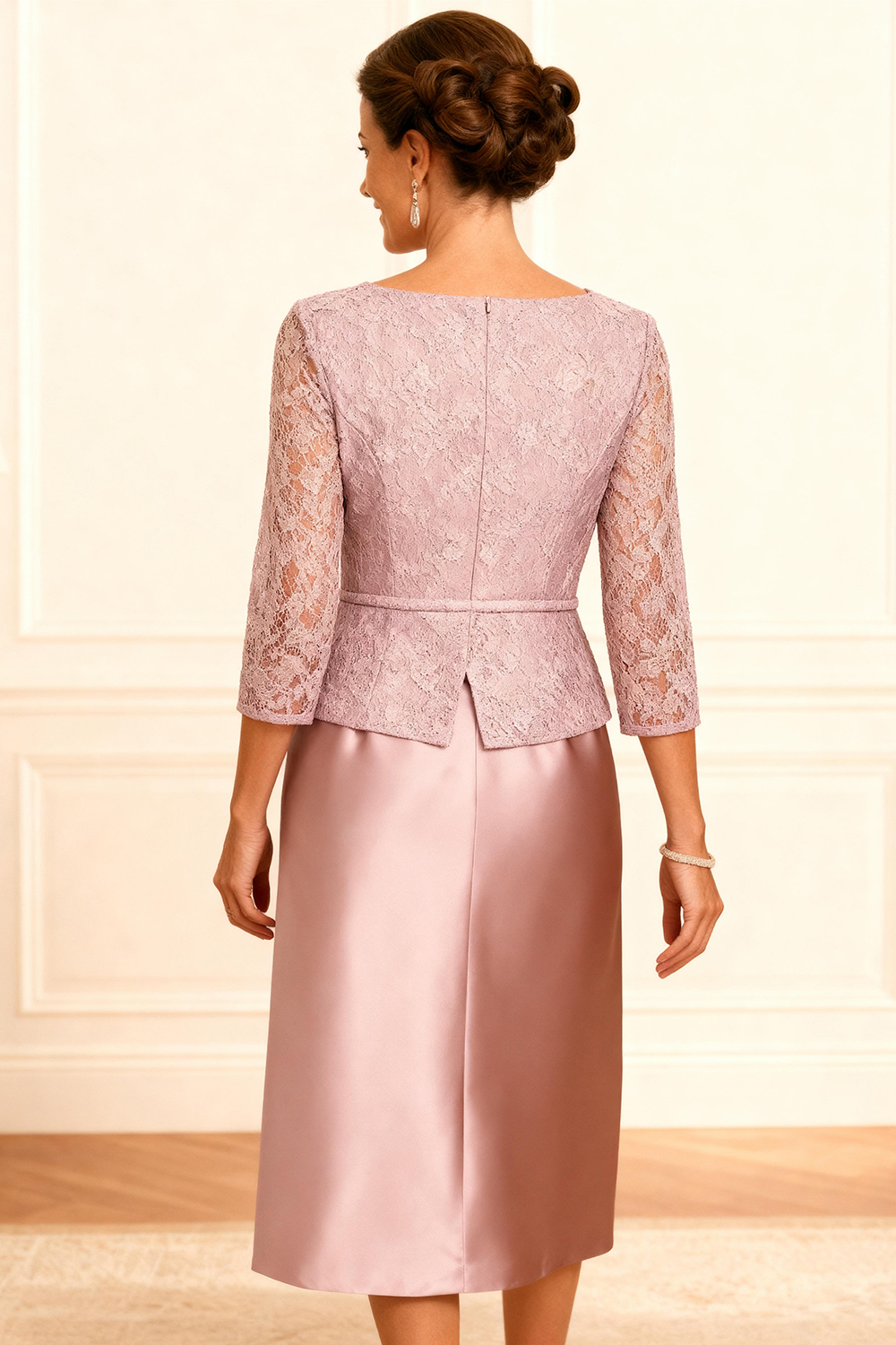 Dusty Rose Bodycon Satin Knee-Length Mother of the Bride Dress with Lace
