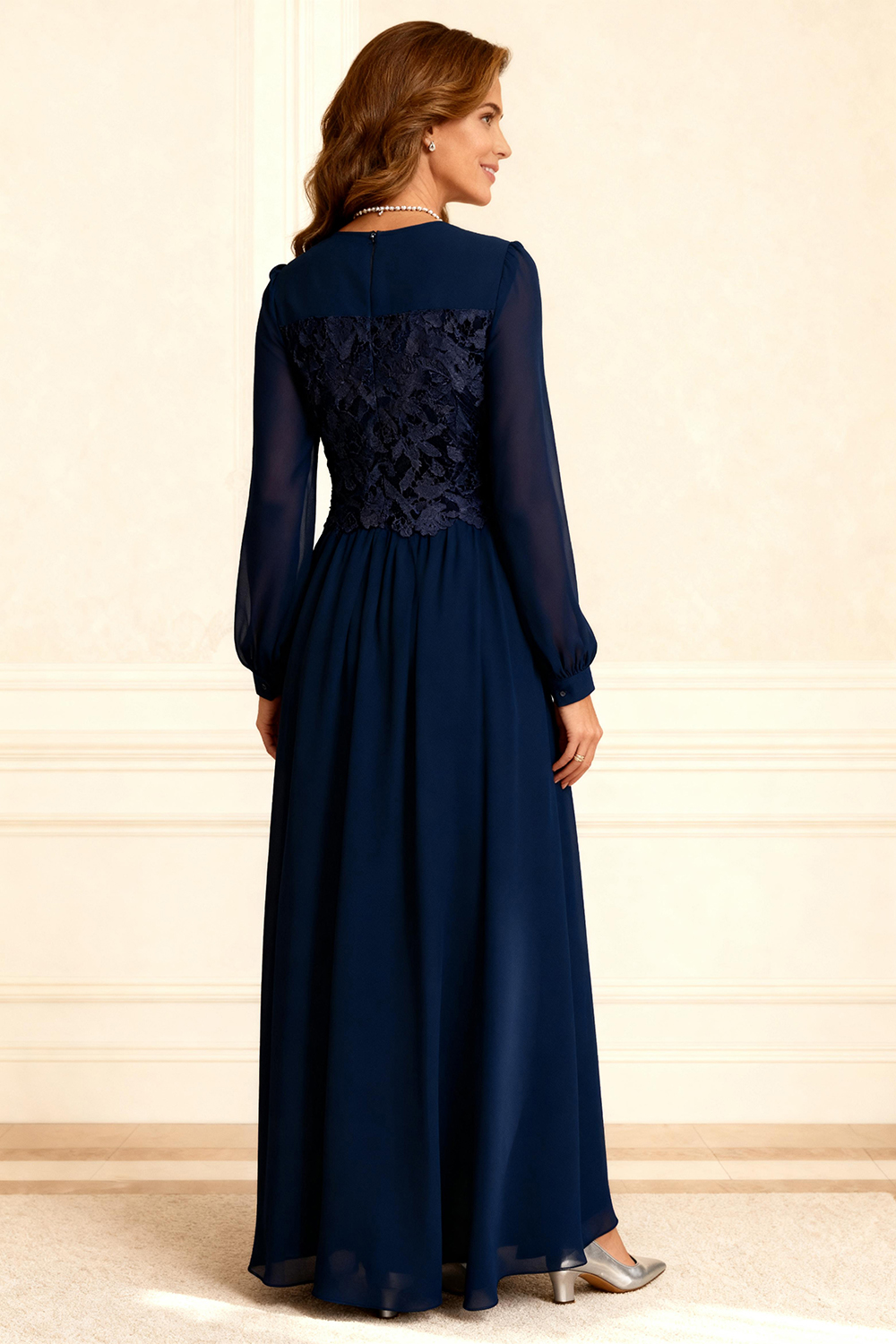 Dark Navy Chiffon A Line Floor-Length Mother of the Bride Dress with Lace