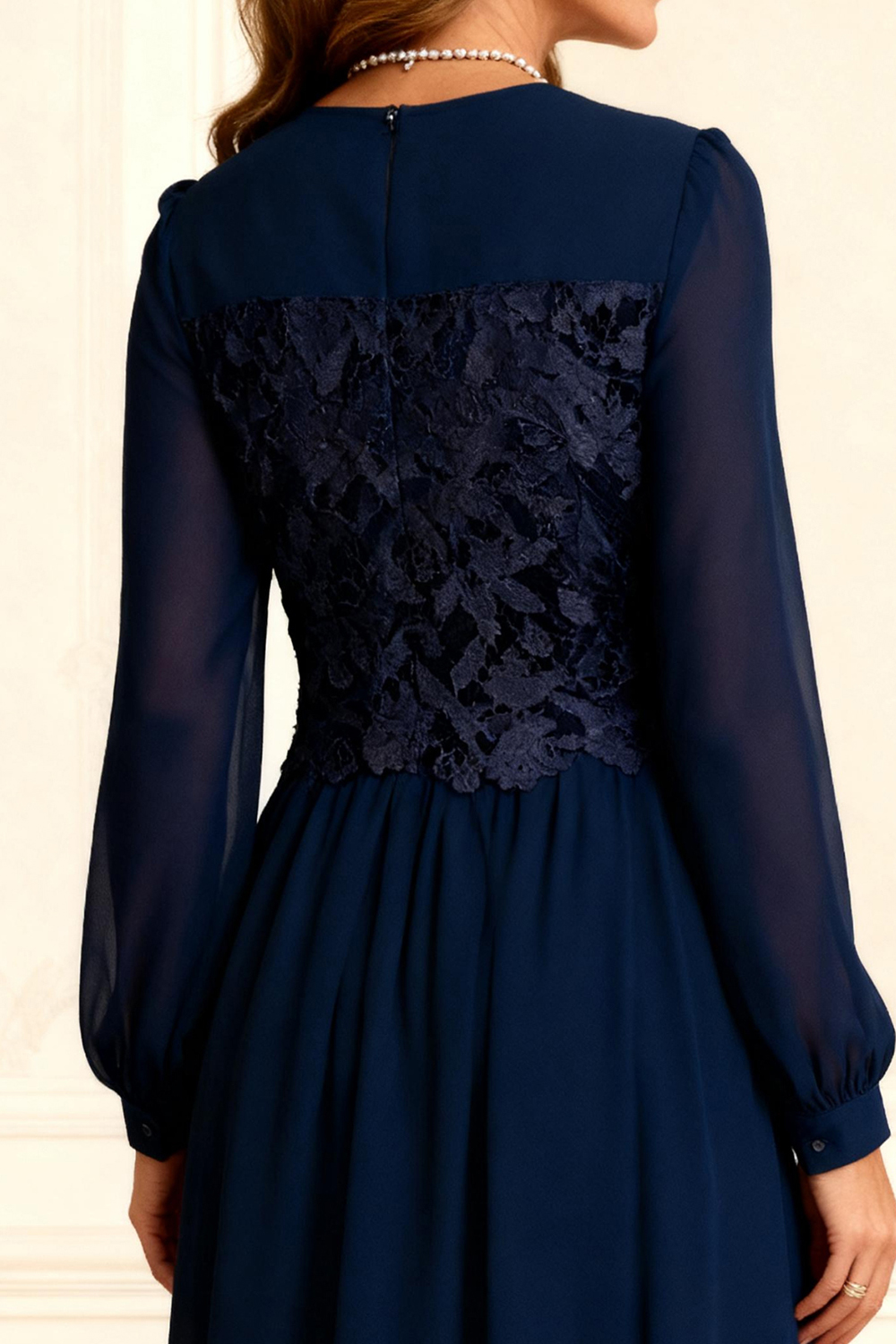 Dark Navy Chiffon A Line Floor-Length Mother of the Bride Dress with Lace