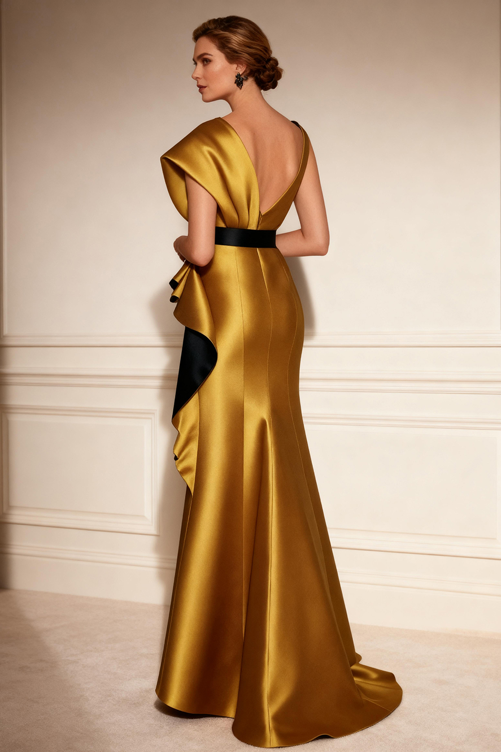 Gold Satin Mermaid Floor-Length Mother of the Bride Dress with Lace