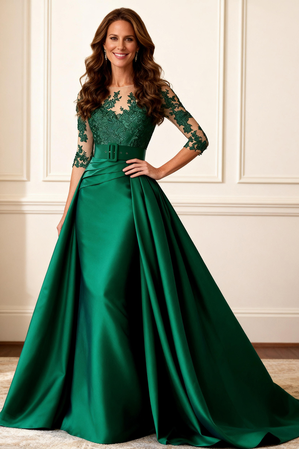 Dark Green Satin Mermaid Bateau Neck Floor-Length Mother of the Bride Dress with Cape