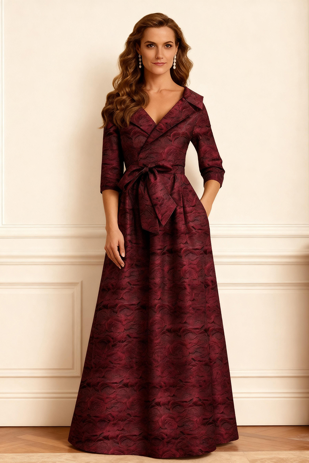 Homrain Women Burgundy Jacquard Floor-Length Mother of the Bride Dress with Bow A Line V-Neck Mother of the Groom Dress with Sleeves